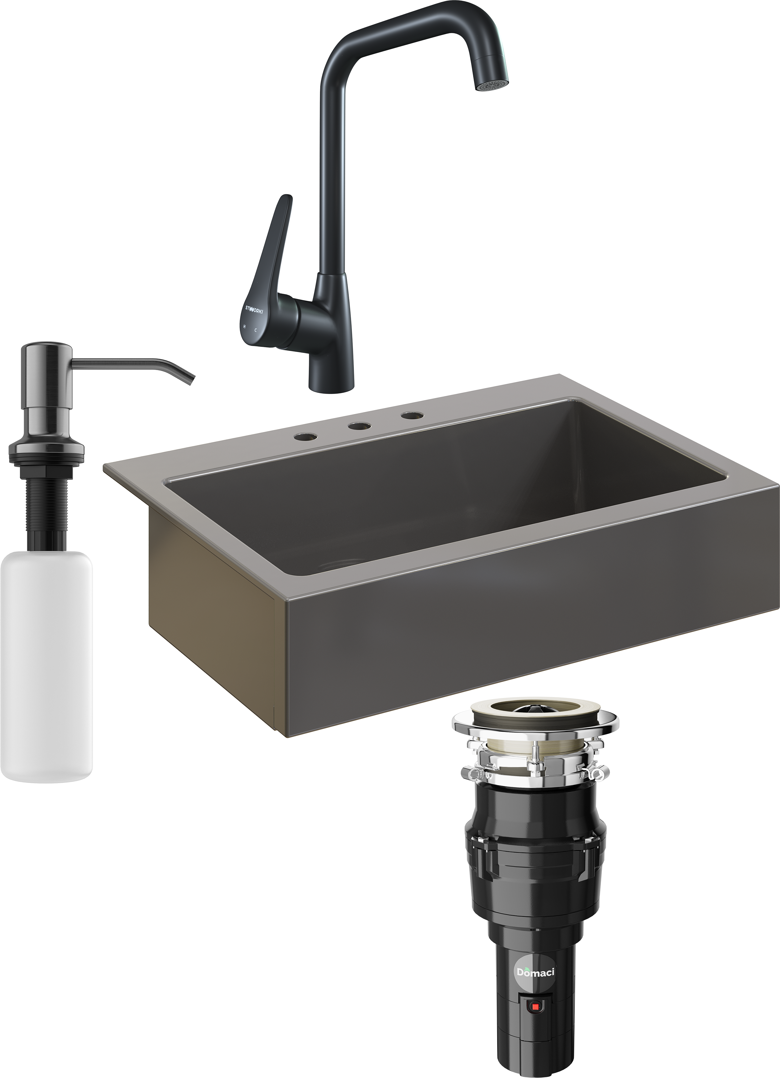 Комплект Мойка кухонная Domaci Сиена 50186-112 с 3 отверстиями, антрацит + Измельчитель Равенна Vento 375 + Смеситель STWORKI WFD04007GA черный матовый + Дозатор 401 черный