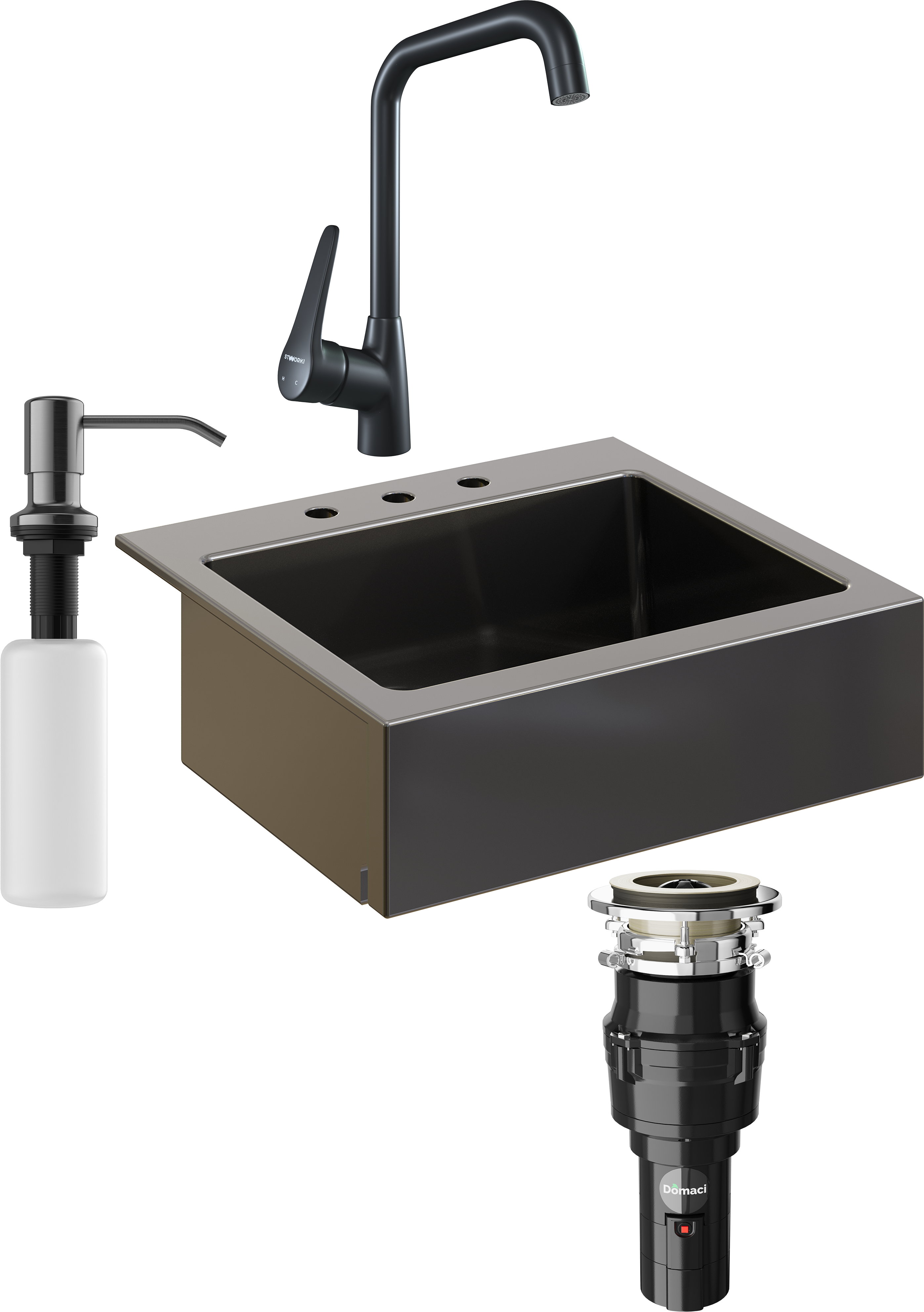 Комплект Мойка кухонная Domaci Сиена 50166-110 с 3 отверстиями, черная матовая + Измельчитель Равенна Vento 375 + Смеситель STWORKI WFD04007GA черный матовый + Дозатор 401 черный