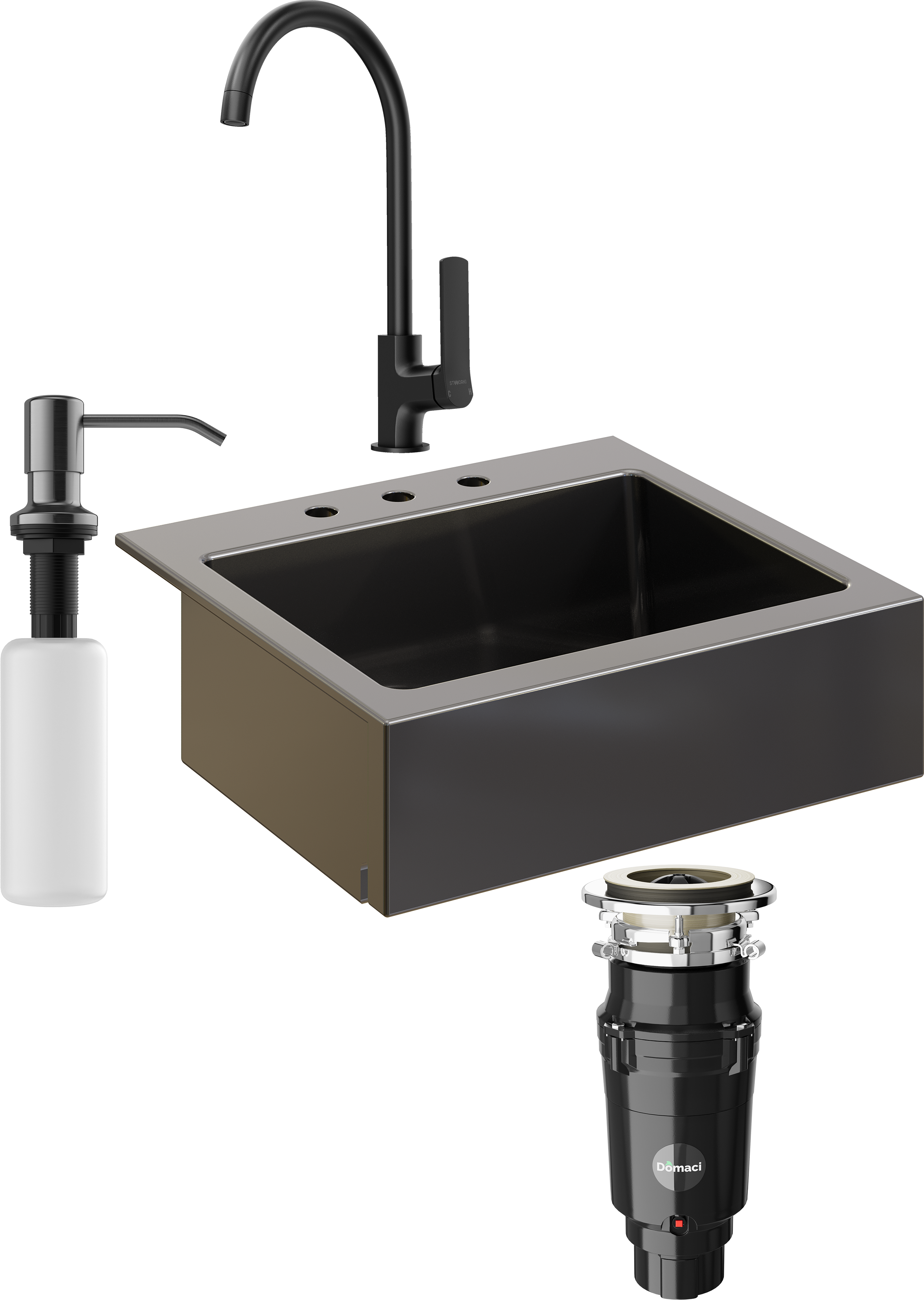 Комплект Мойка кухонная Domaci Сиена 50166-110 с 3 отверстиями, черная матовая + Измельчитель Равенна Vento Plus 560 + Смеситель STWORKI HWX5015-P01BK + Дозатор 401 черный