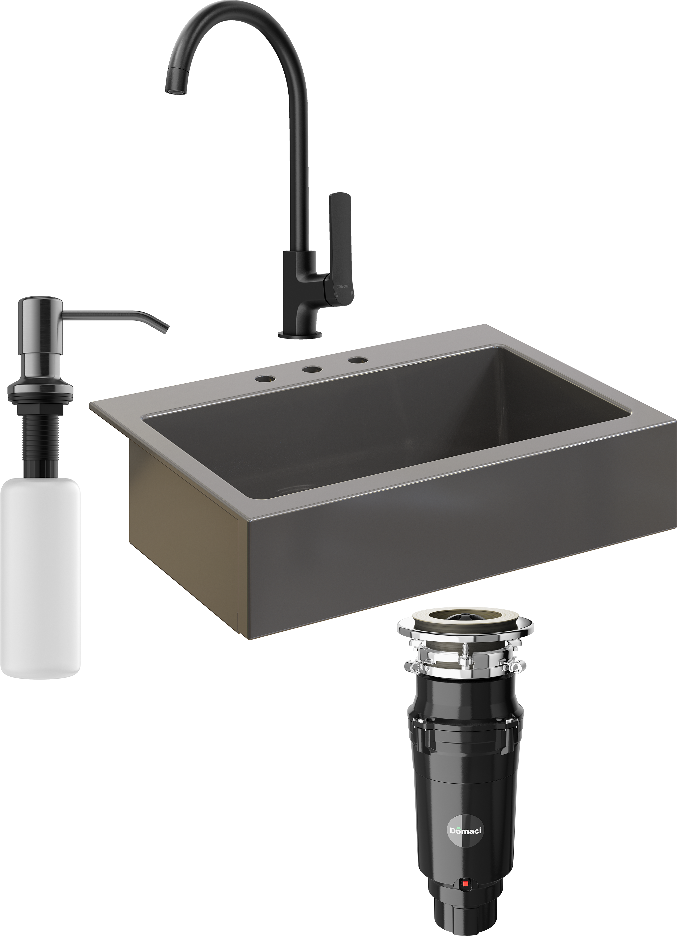 Комплект Мойка кухонная Domaci Сиена 50186-112 с 3 отверстиями, антрацит + Измельчитель Равенна Vento Max 750 + Смеситель STWORKI HWX5015-P01BK + Дозатор 401 черный