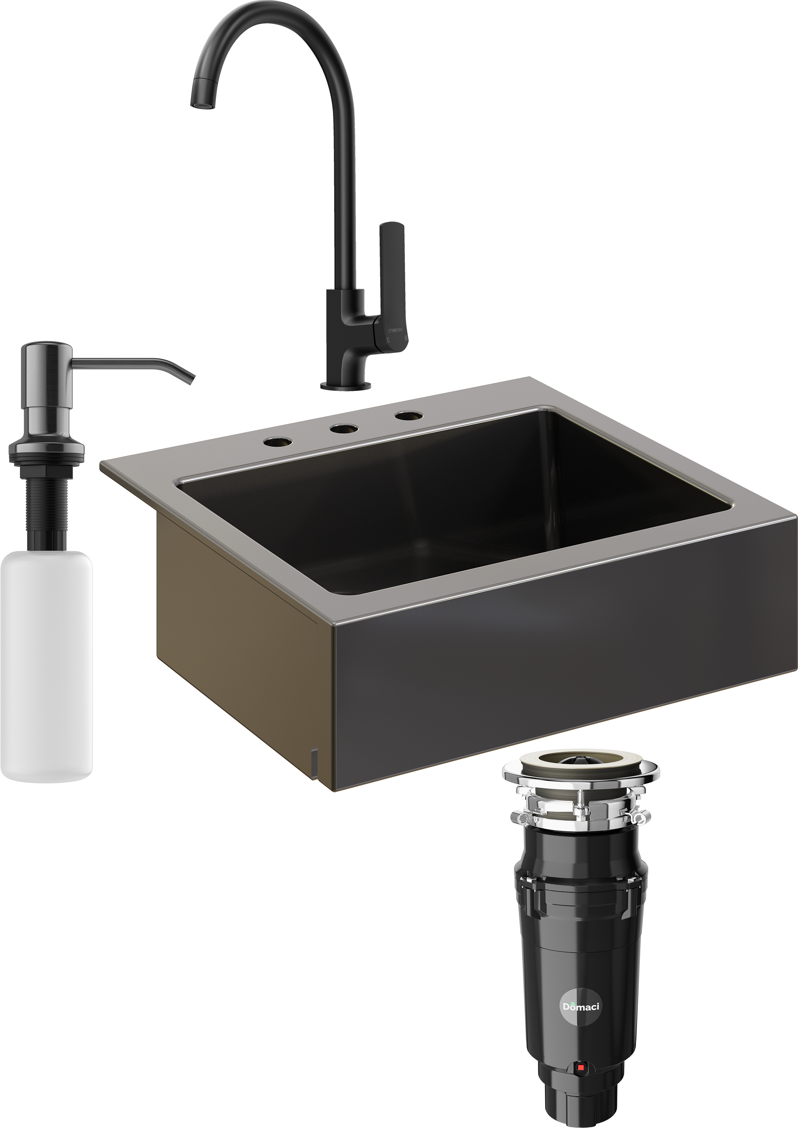 Комплект Мойка кухонная Domaci Сиена 50166-110 с 3 отверстиями, черная матовая + Измельчитель Равенна Vento Max 750 + Смеситель STWORKI HWX5015-P01BK + Дозатор 401 черный