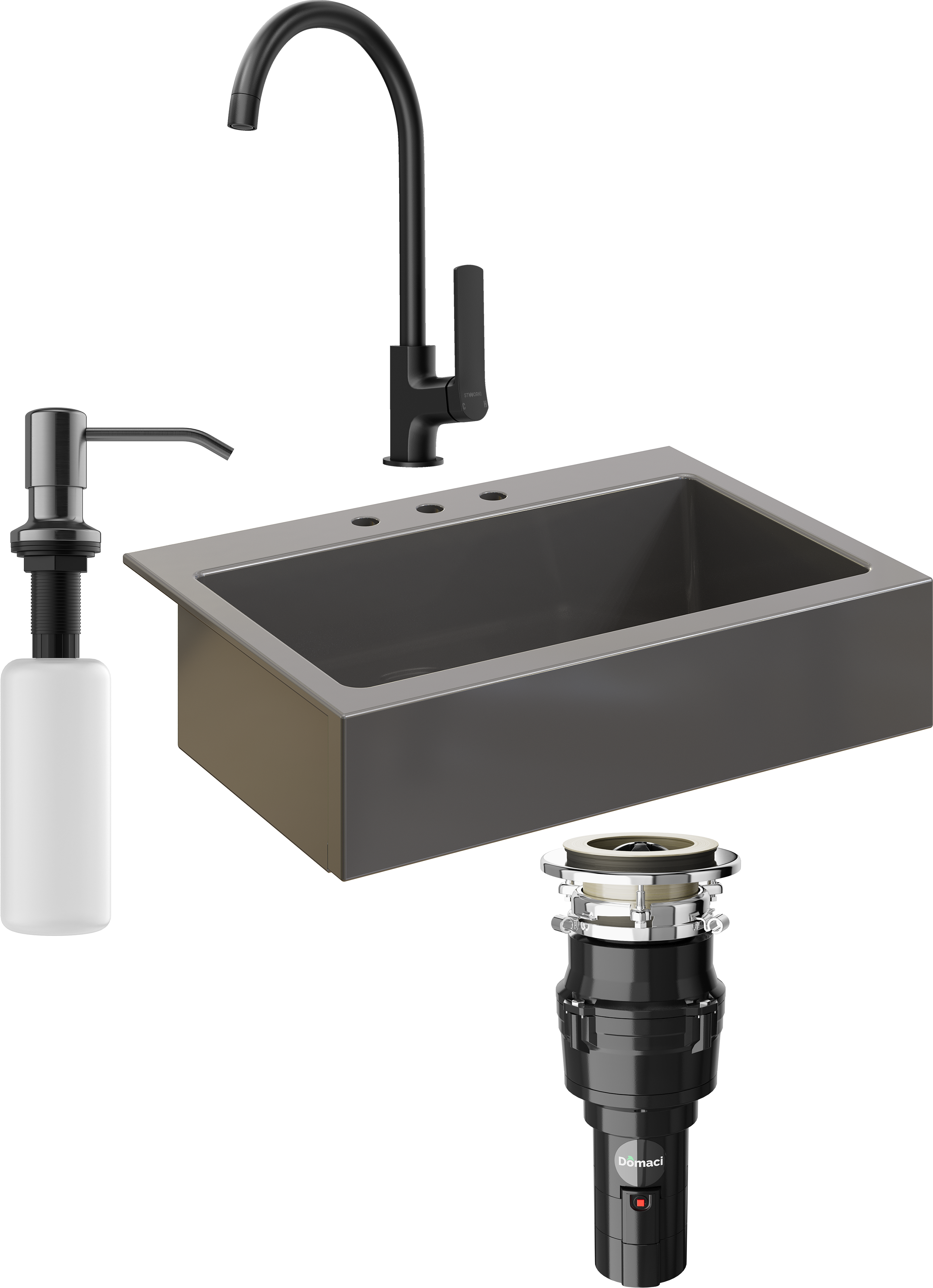 Комплект Мойка кухонная Domaci Сиена 50186-112 с 3 отверстиями, антрацит + Измельчитель Равенна Vento 375 + Смеситель STWORKI HWX5015-P01BK + Дозатор 401 черный