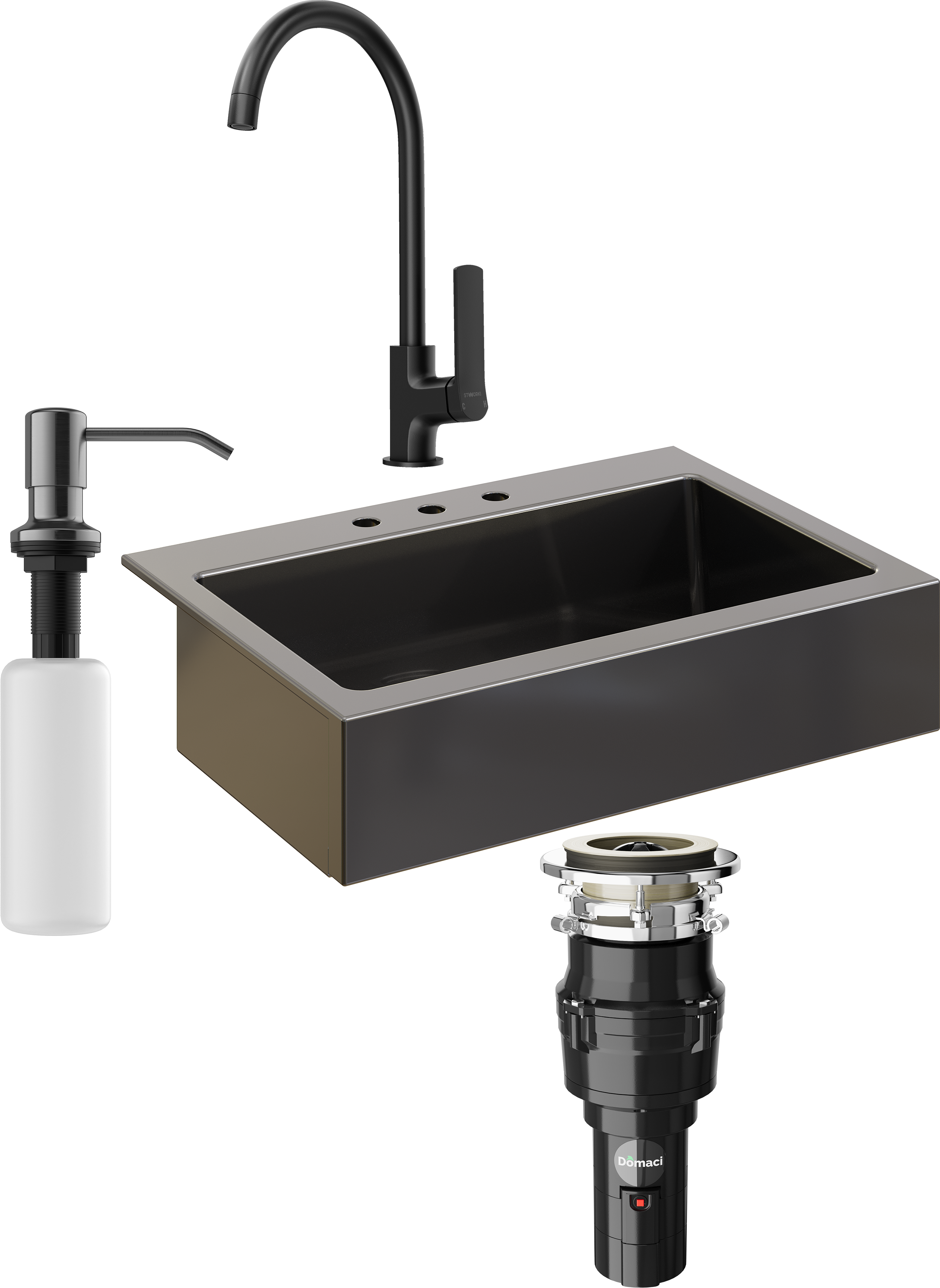 Комплект Мойка кухонная Domaci Сиена 50186-110 с 3 отверстиями, черная матовая + Измельчитель Равенна Vento 375 + Смеситель STWORKI HWX5015-P01BK + Дозатор 401 черный