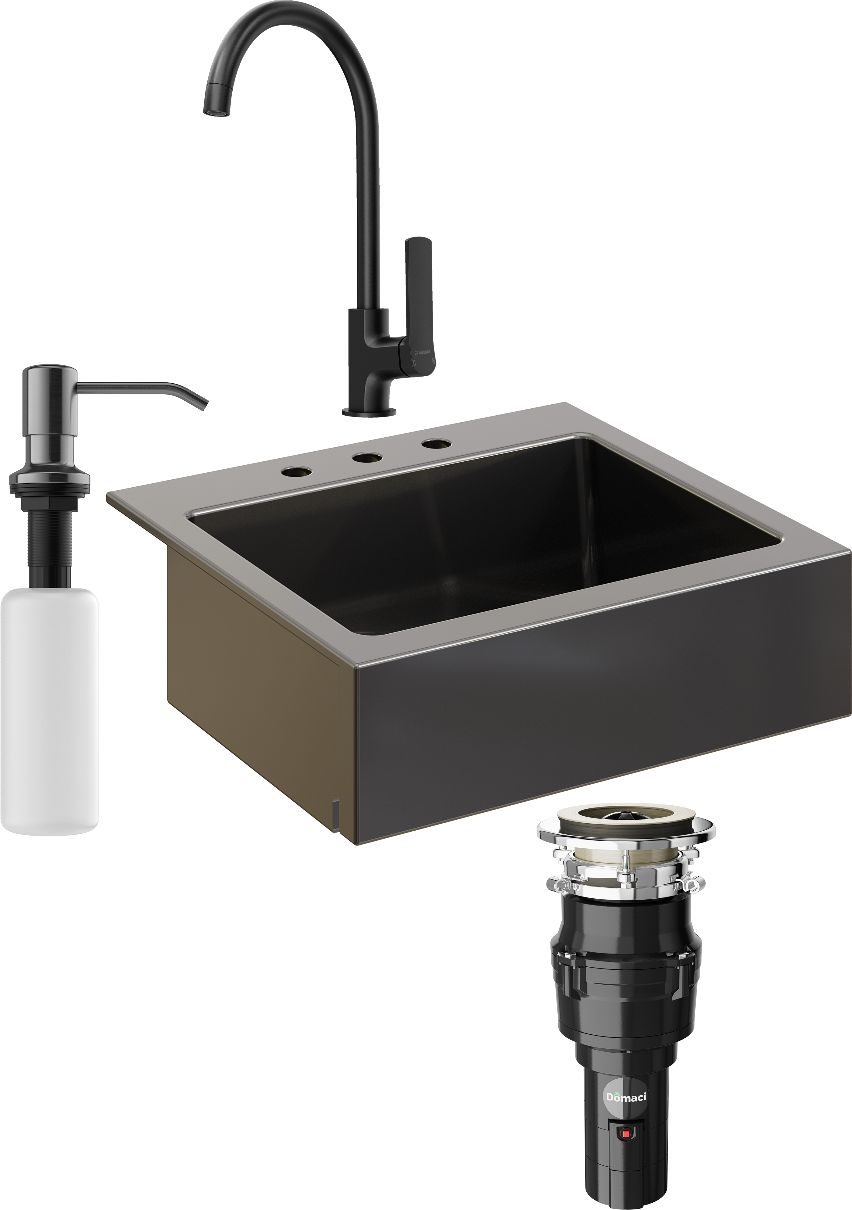 Комплект Мойка кухонная Domaci Сиена 50166-110 с 3 отверстиями, черная матовая + Измельчитель Равенна Vento 375 + Смеситель STWORKI HWX5015-P01BK + Дозатор 401 черный