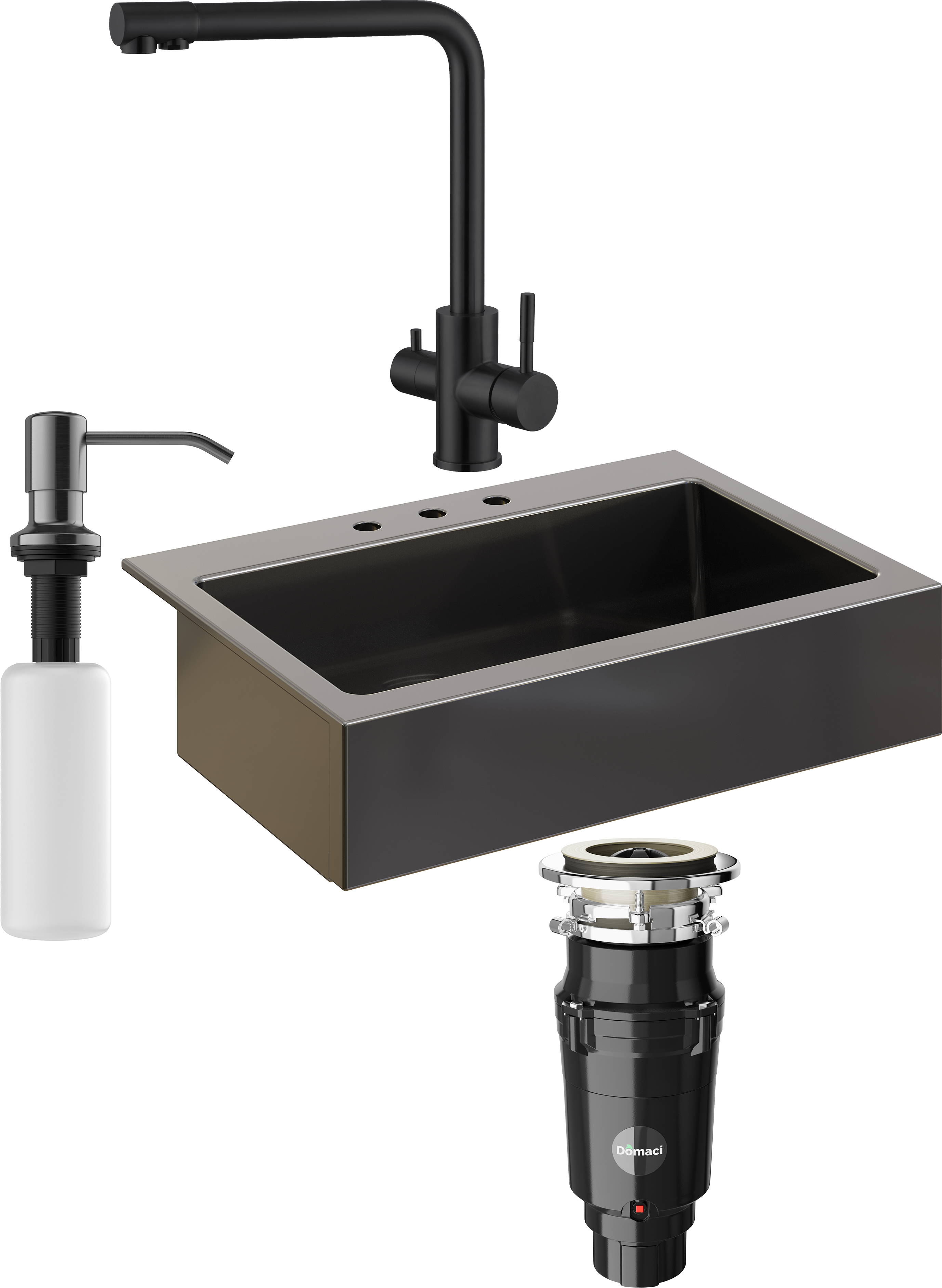 Комплект Мойка кухонная Domaci Сиена 50186-110 с 3 отверстиями, черная матовая + Измельчитель Равенна Vento Plus 560 + Смеситель Ливорно WFD04018B черный + Дозатор 401 черный
