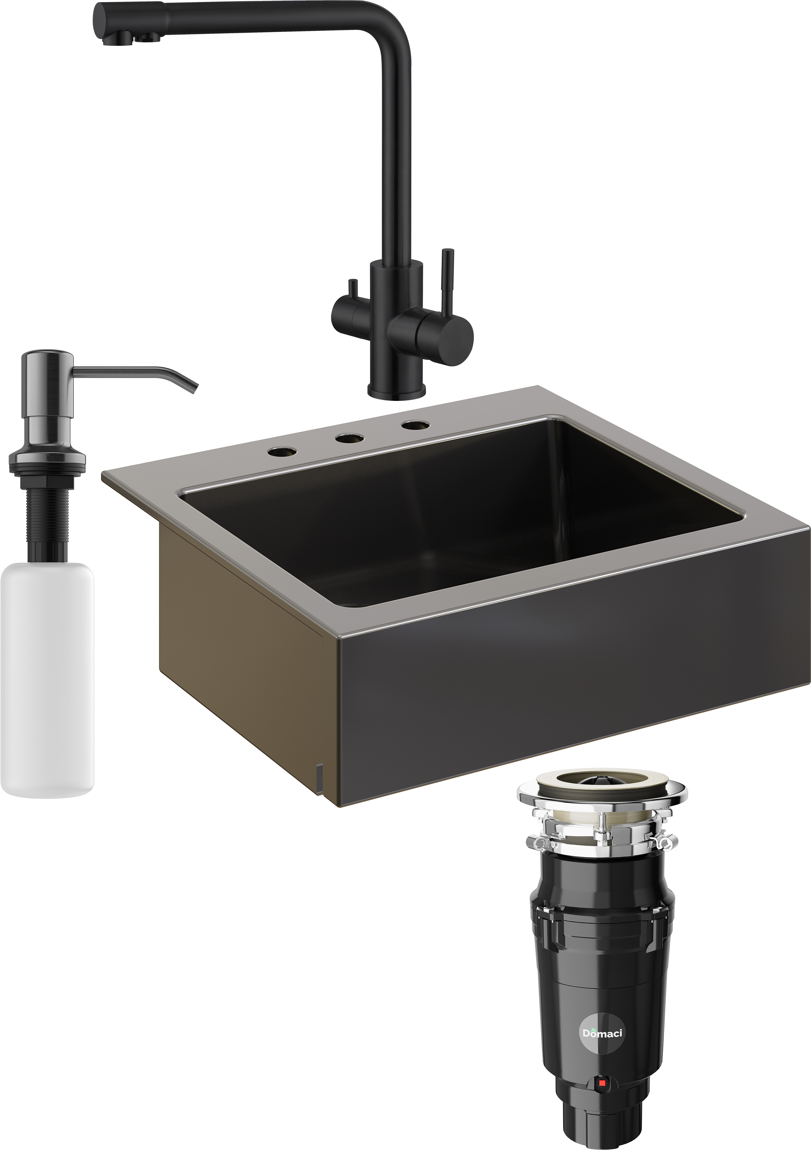 Комплект Мойка кухонная Domaci Сиена 50166-110 с 3 отверстиями, черная матовая + Измельчитель Равенна Vento Plus 560 + Смеситель Ливорно WFD04018B черный + Дозатор 401 черный