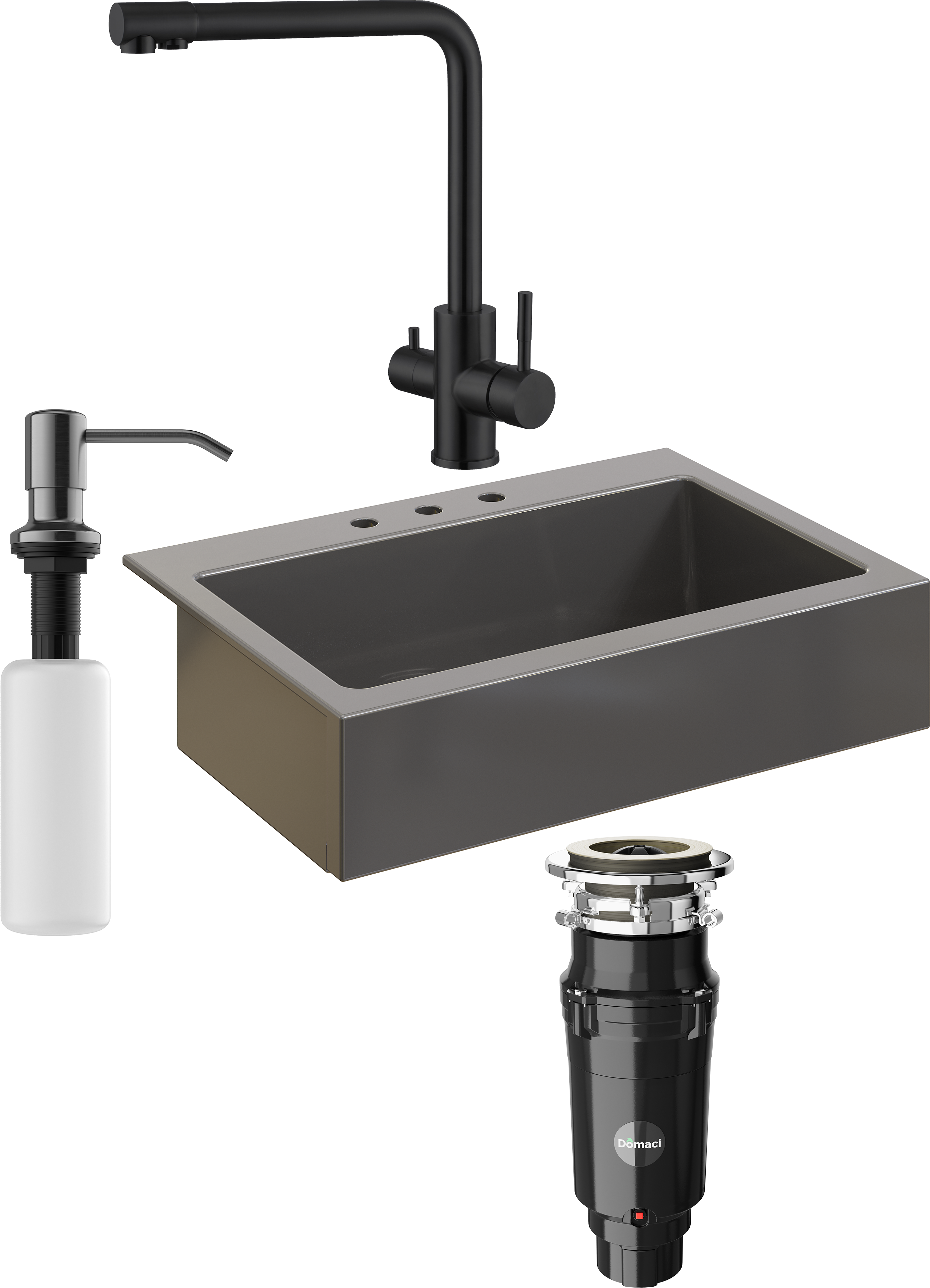 Комплект Мойка кухонная Domaci Сиена 50186-112 с 3 отверстиями, антрацит + Измельчитель Равенна Vento Max 750 + Смеситель Ливорно WFD04018B черный + Дозатор 401 черный