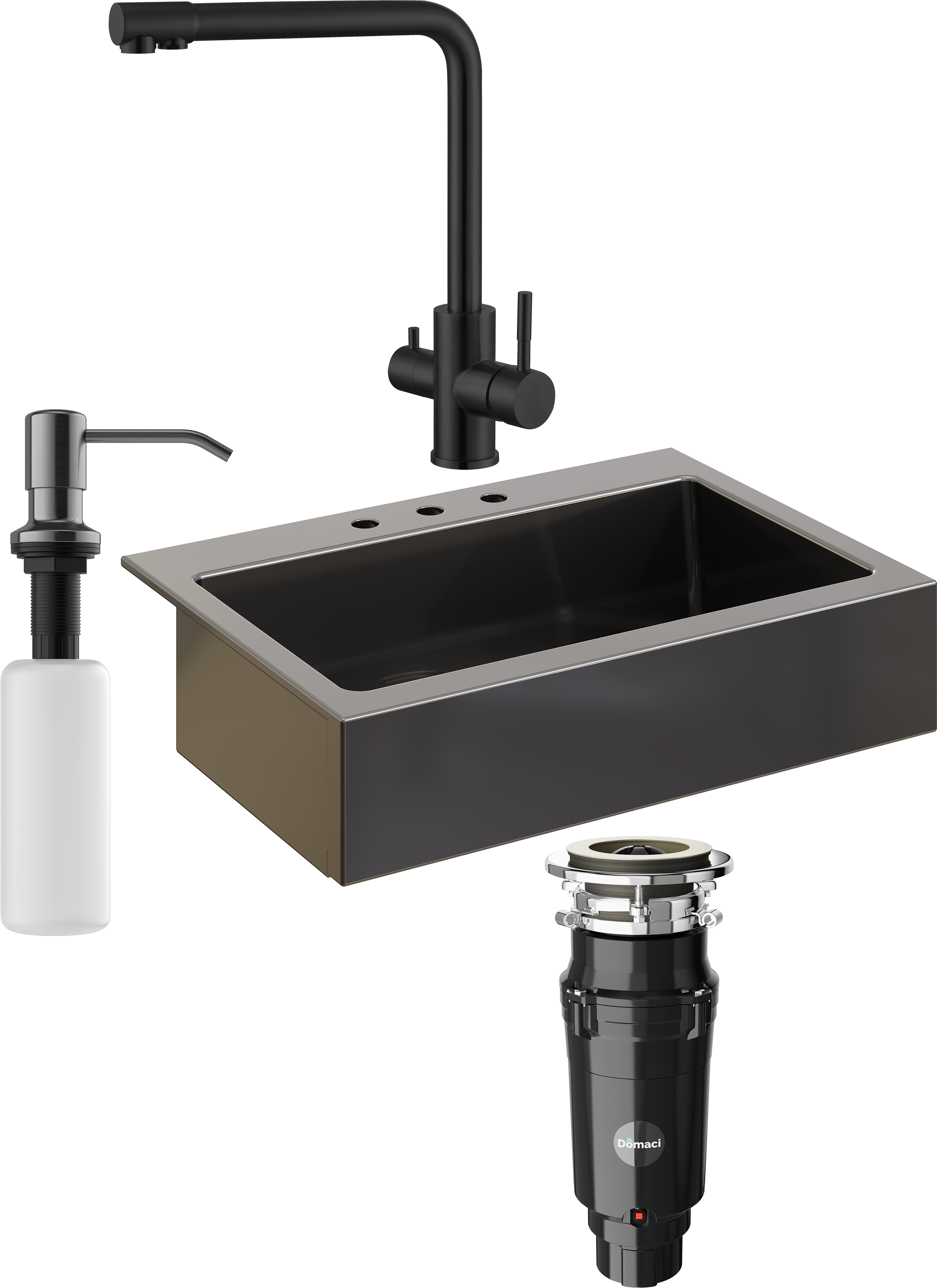 Комплект Мойка кухонная Domaci Сиена 50186-110 с 3 отверстиями, черная матовая + Измельчитель Равенна Vento Max 750 + Смеситель Ливорно WFD04018B черный + Дозатор 401 черный