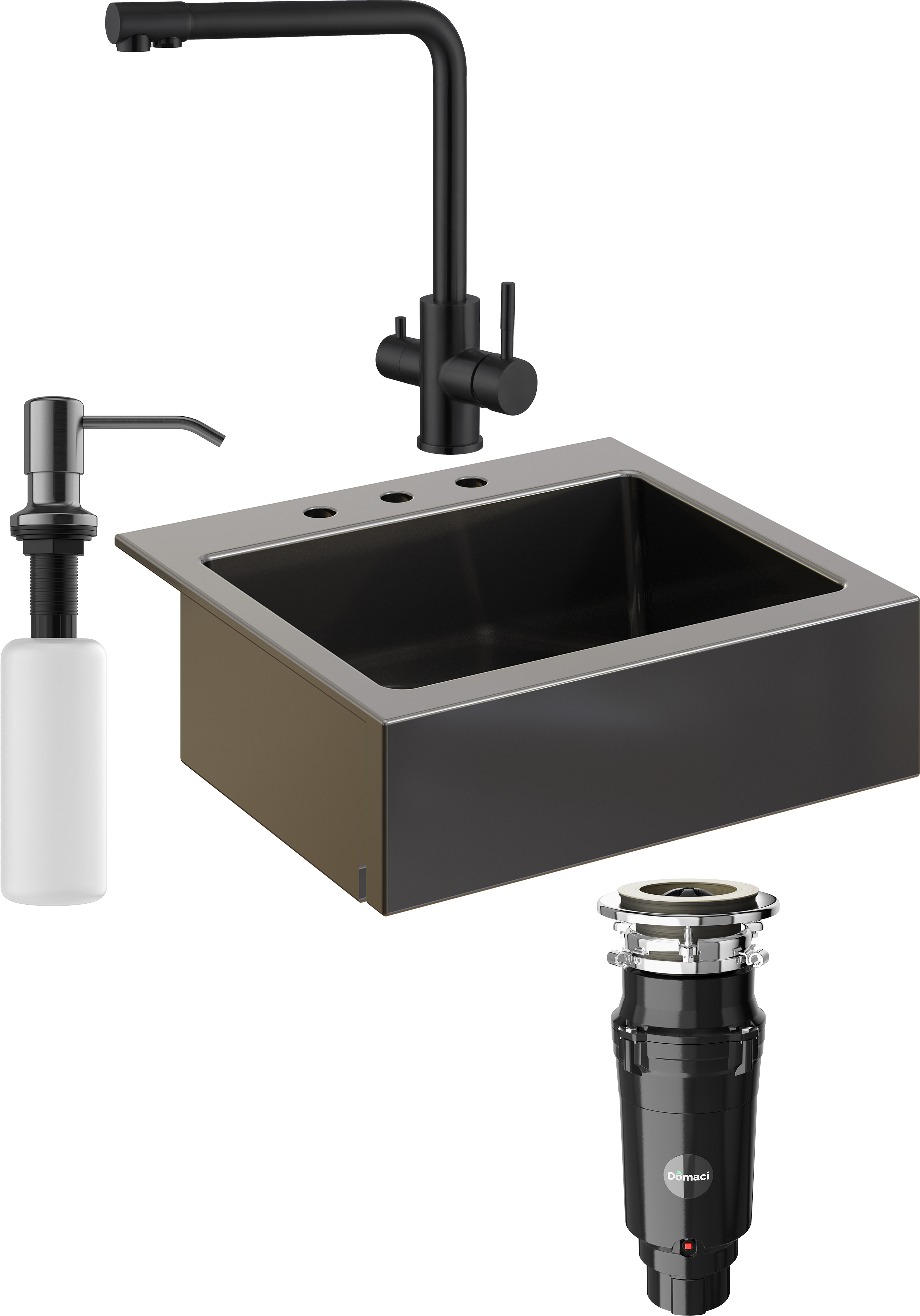 Комплект Мойка кухонная Domaci Сиена 50166-110 с 3 отверстиями, черная матовая + Измельчитель Равенна Vento Max 750 + Смеситель Ливорно WFD04018B черный + Дозатор 401 черный