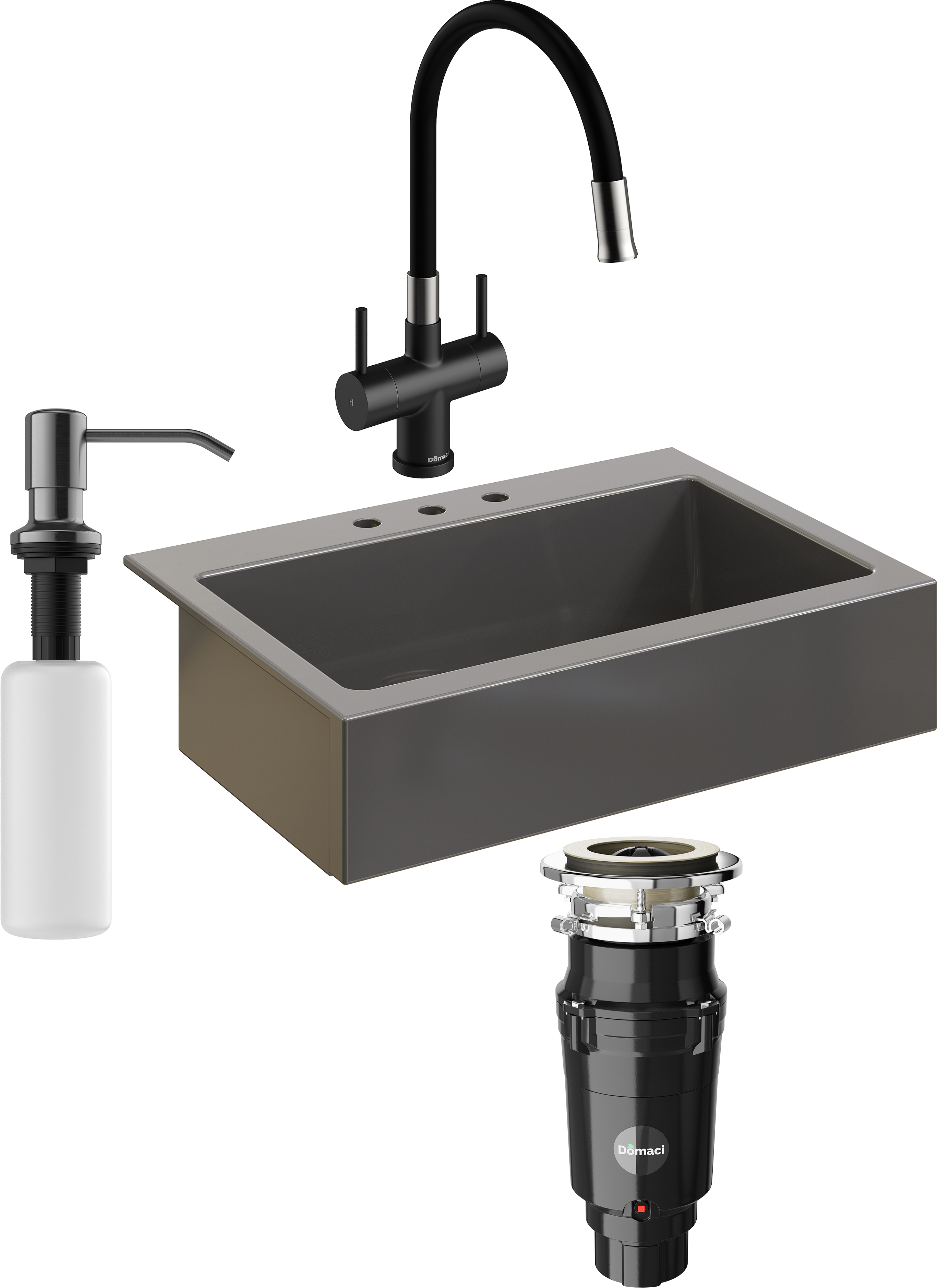 Комплект Мойка кухонная Domaci Сиена 50186-112 с 3 отверстиями, антрацит + Измельчитель Равенна Vento Plus 560 + Смеситель Ливорно WFD04023 черный + Дозатор 401 черный