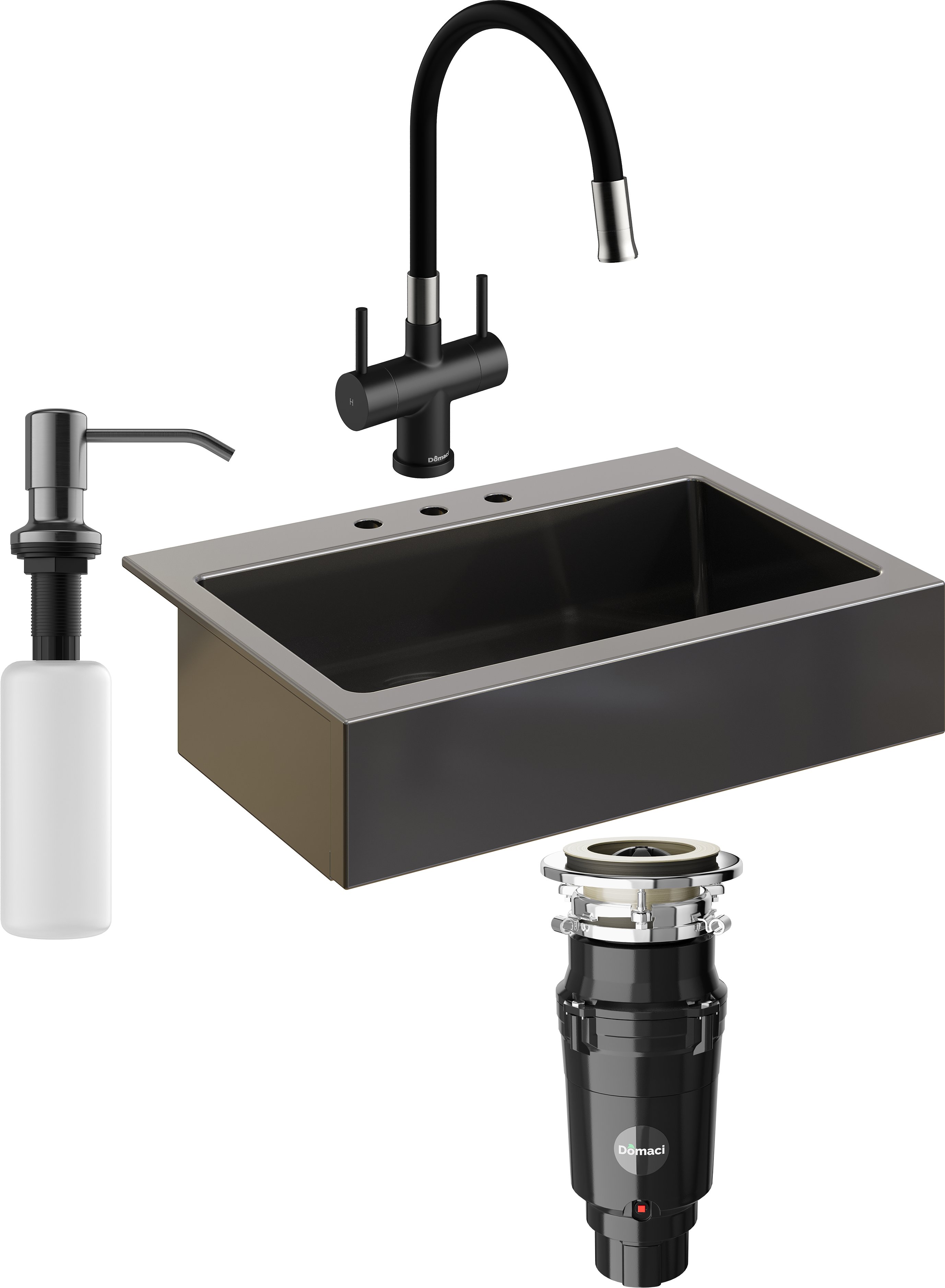 Комплект Мойка кухонная Domaci Сиена 50186-110 с 3 отверстиями, черная матовая + Измельчитель Равенна Vento Plus 560 + Смеситель Ливорно WFD04023 черный + Дозатор 401 черный