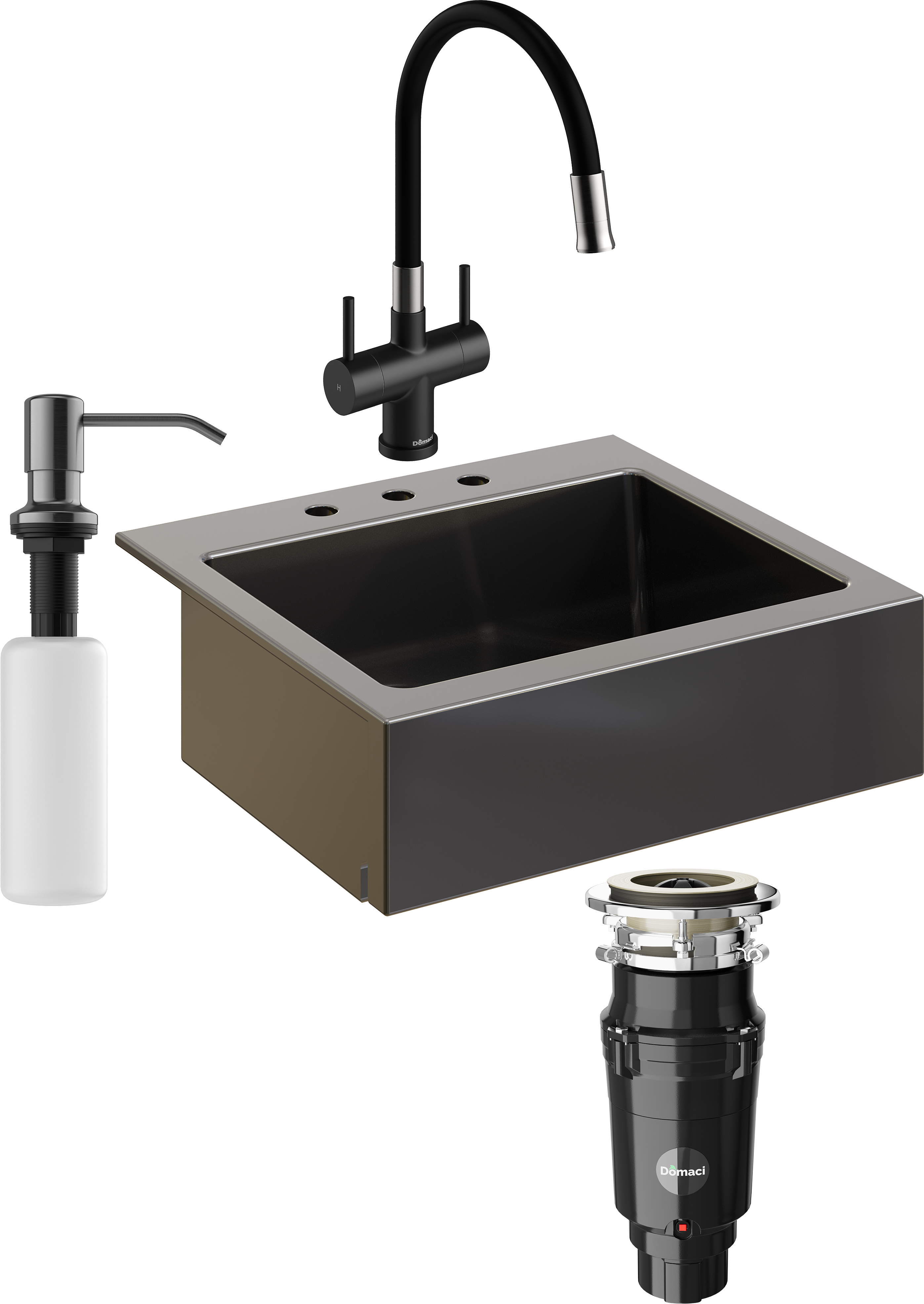 Комплект Мойка кухонная Domaci Сиена 50166-110 с 3 отверстиями, черная матовая + Измельчитель Равенна Vento Plus 560 + Смеситель Ливорно WFD04023 черный + Дозатор 401 черный