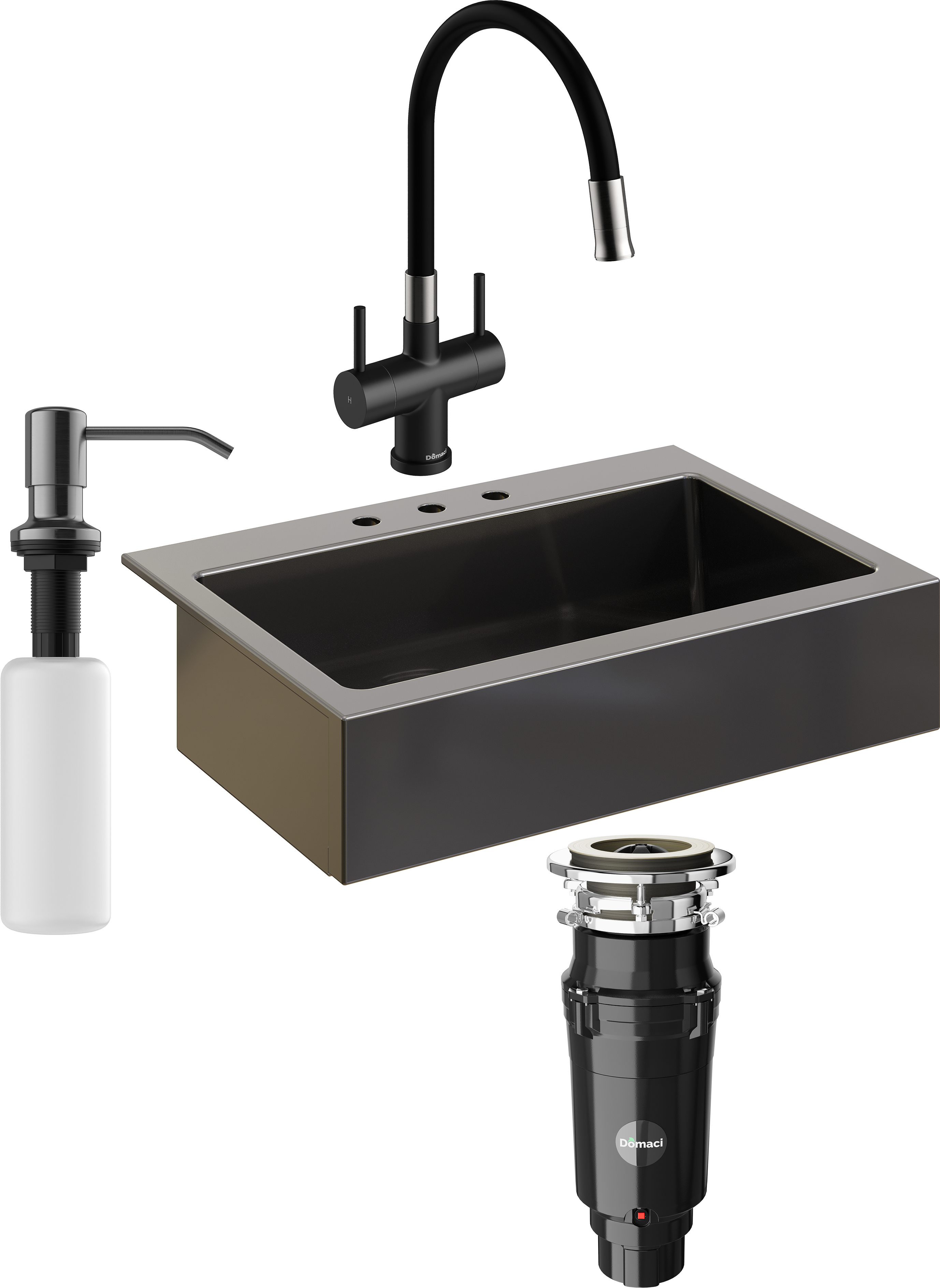 Комплект Мойка кухонная Domaci Сиена 50186-110 с 3 отверстиями, черная матовая + Измельчитель Равенна Vento Max 750 + Смеситель Ливорно WFD04023 черный + Дозатор 401 черный