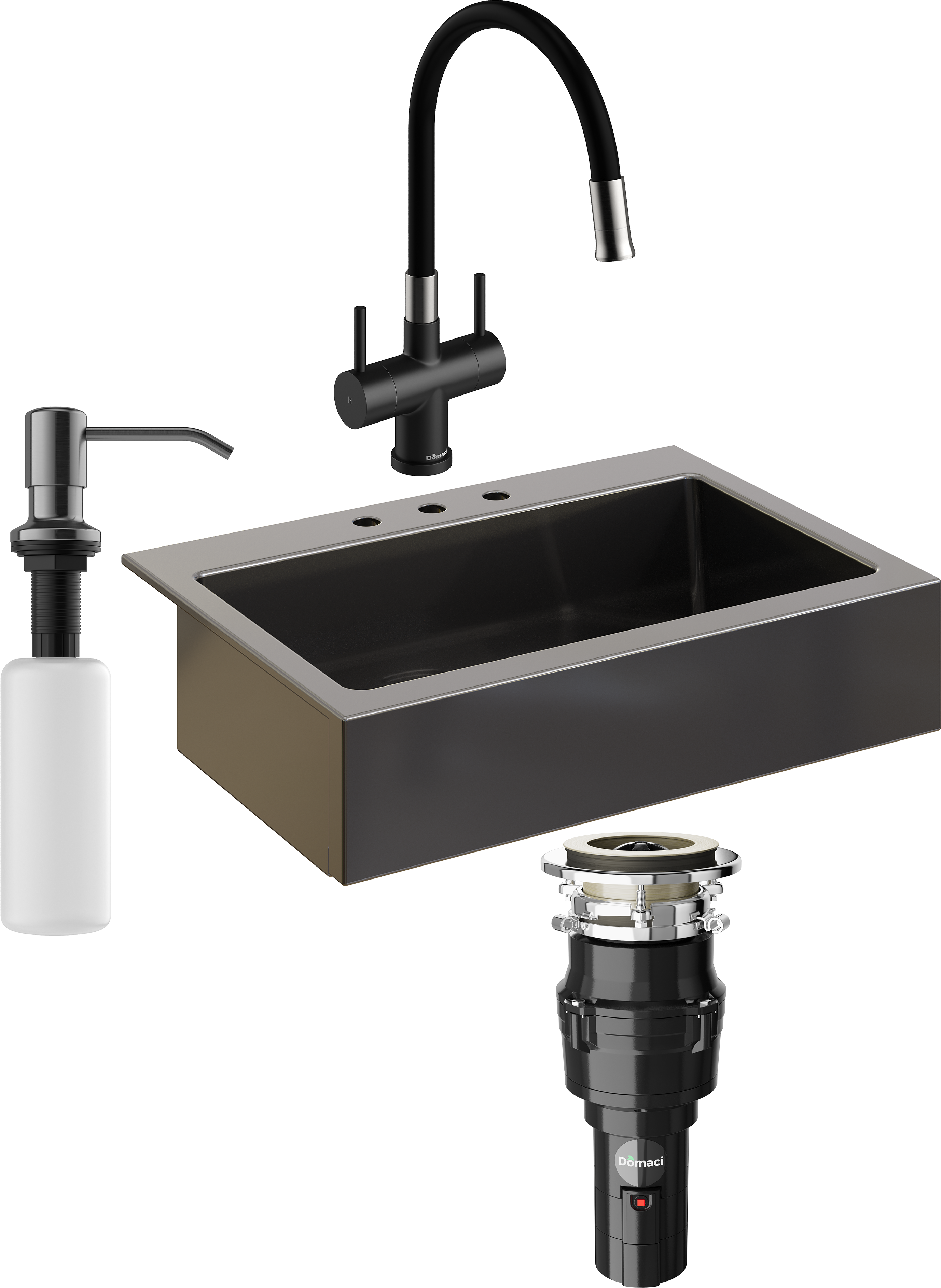 Комплект Мойка кухонная Domaci Сиена 50186-110 с 3 отверстиями, черная матовая + Измельчитель Равенна Vento 375 + Смеситель Ливорно WFD04023 черный + Дозатор 401 черный