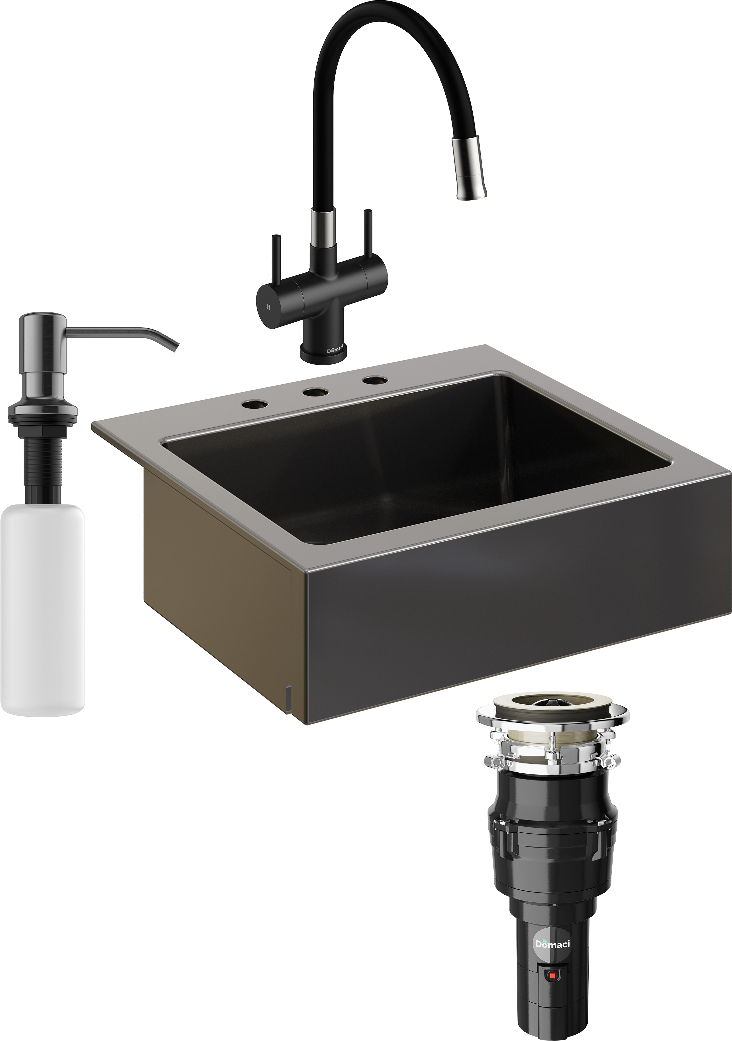 Комплект Мойка кухонная Domaci Сиена 50166-110 с 3 отверстиями, черная матовая + Измельчитель Равенна Vento 375 + Смеситель Ливорно WFD04023 черный + Дозатор 401 черный