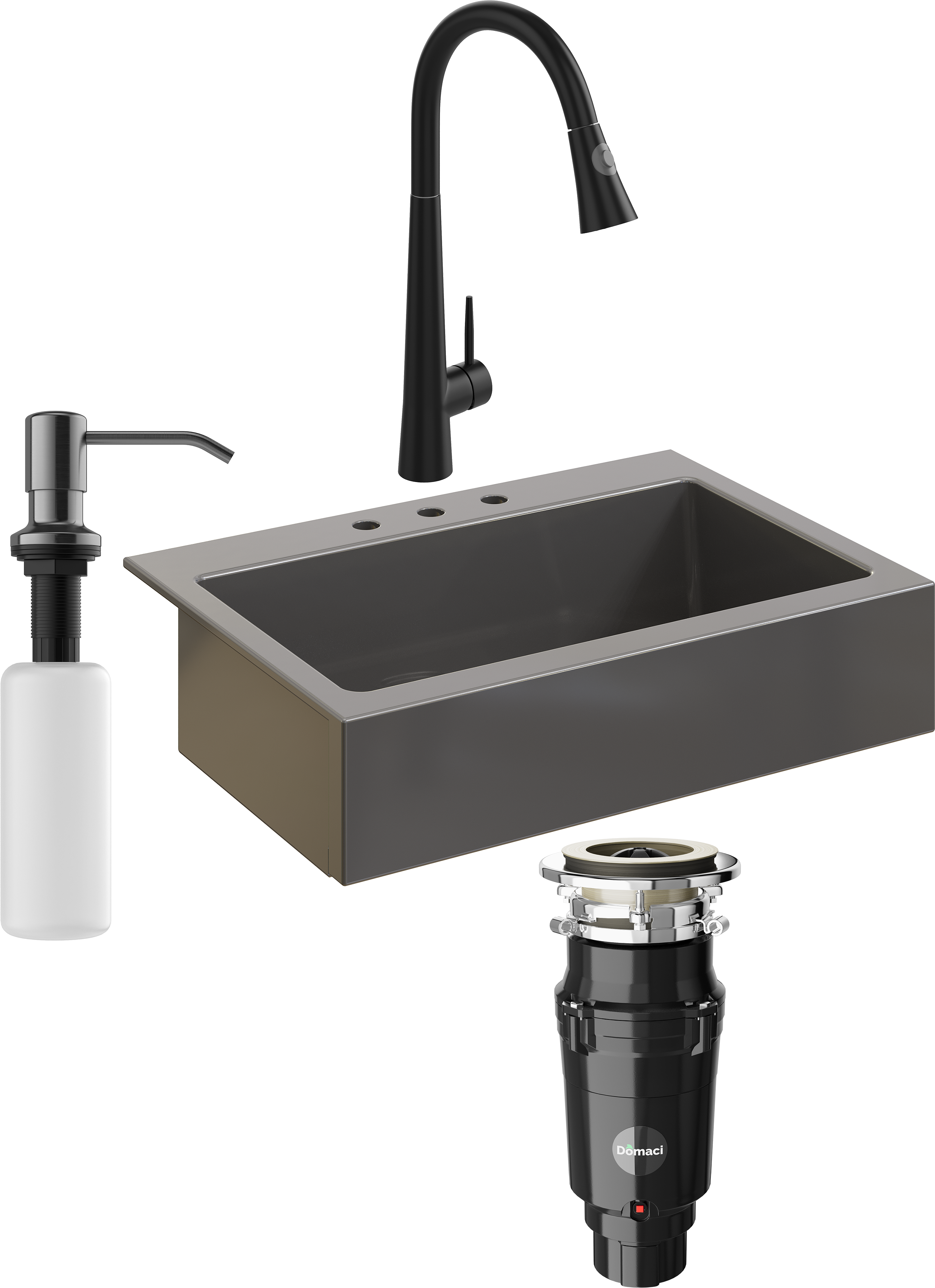 Комплект Мойка кухонная Domaci Сиена 50186-112 с 3 отверстиями, антрацит + Измельчитель Равенна Vento Plus 560 + Смеситель Ливорно WFD04098 черный + Дозатор 401 черный