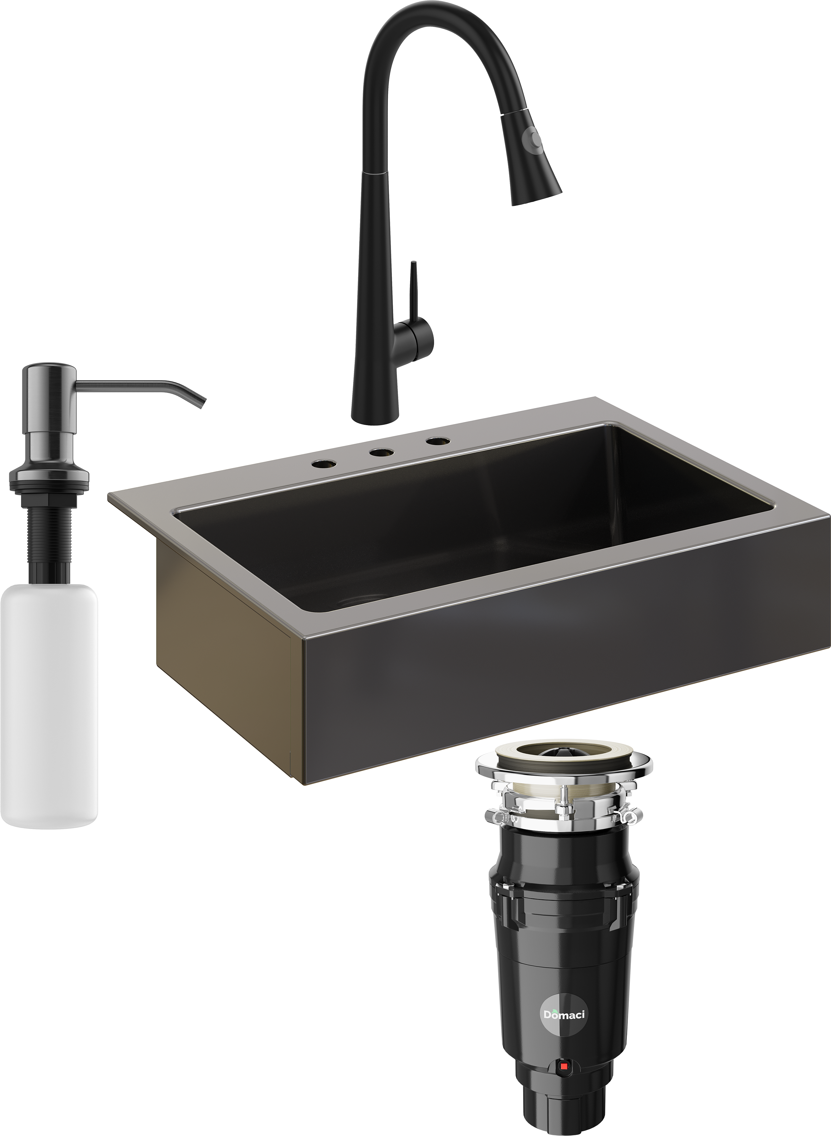Комплект Мойка кухонная Domaci Сиена 50186-110 с 3 отверстиями, черная матовая + Измельчитель Равенна Vento Plus 560 + Смеситель Ливорно WFD04098 черный + Дозатор 401 черный