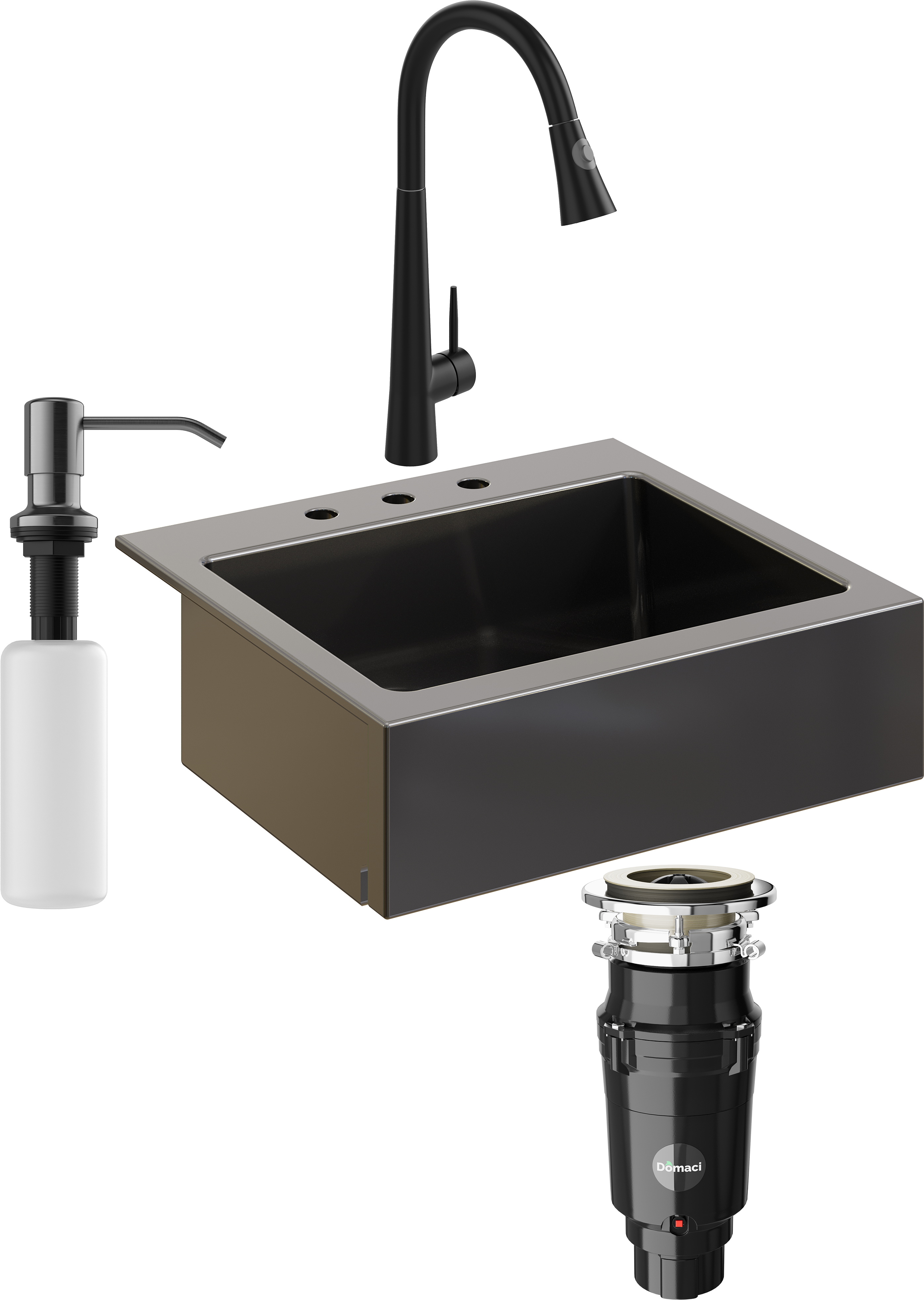 Комплект Мойка кухонная Domaci Сиена 50166-110 с 3 отверстиями, черная матовая + Измельчитель Равенна Vento Plus 560 + Смеситель Ливорно WFD04098 черный + Дозатор 401 черный
