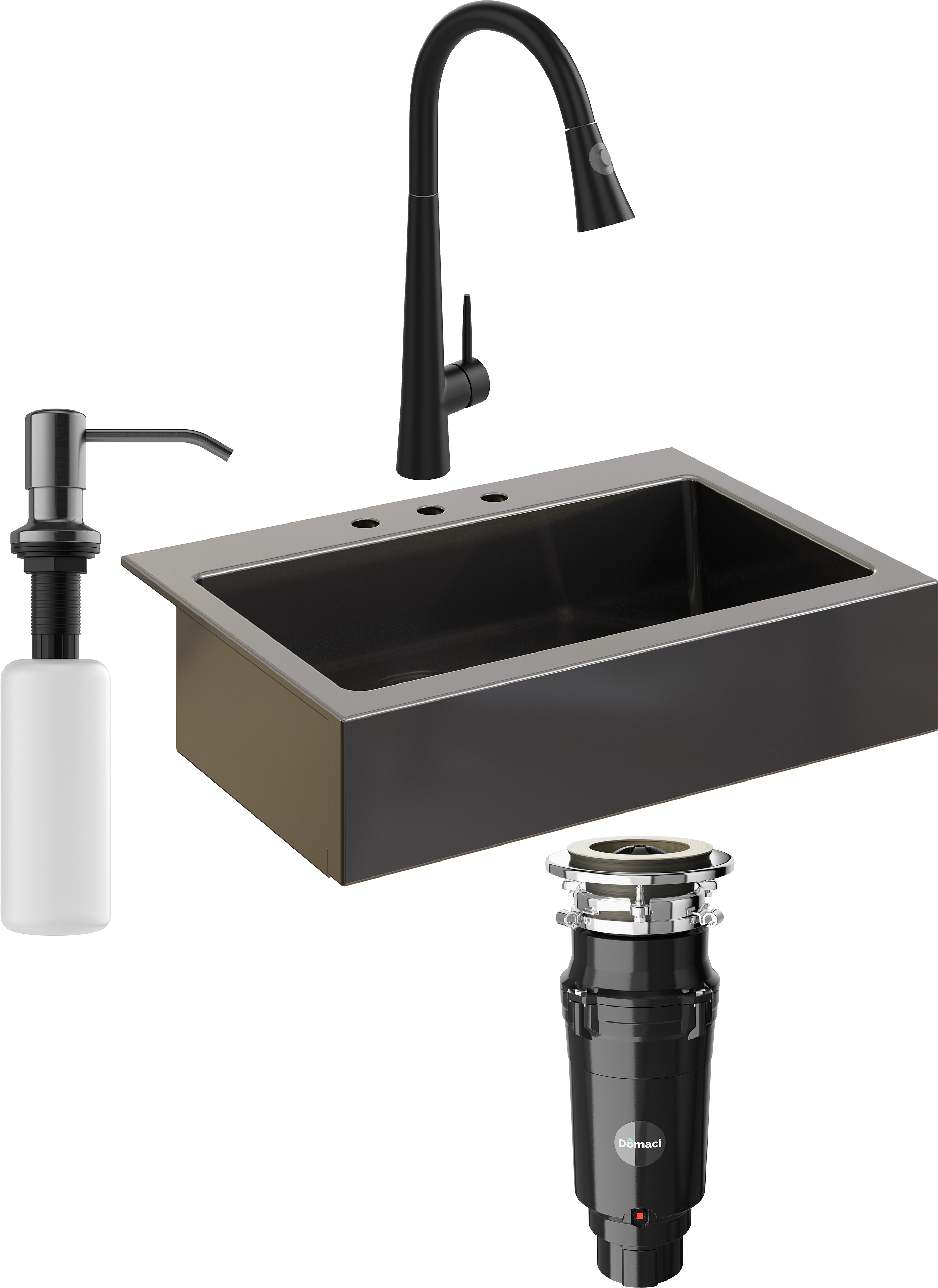 Комплект Мойка кухонная Domaci Сиена 50186-110 с 3 отверстиями, черная матовая + Измельчитель Равенна Vento Max 750 + Смеситель Ливорно WFD04098 черный + Дозатор 401 черный