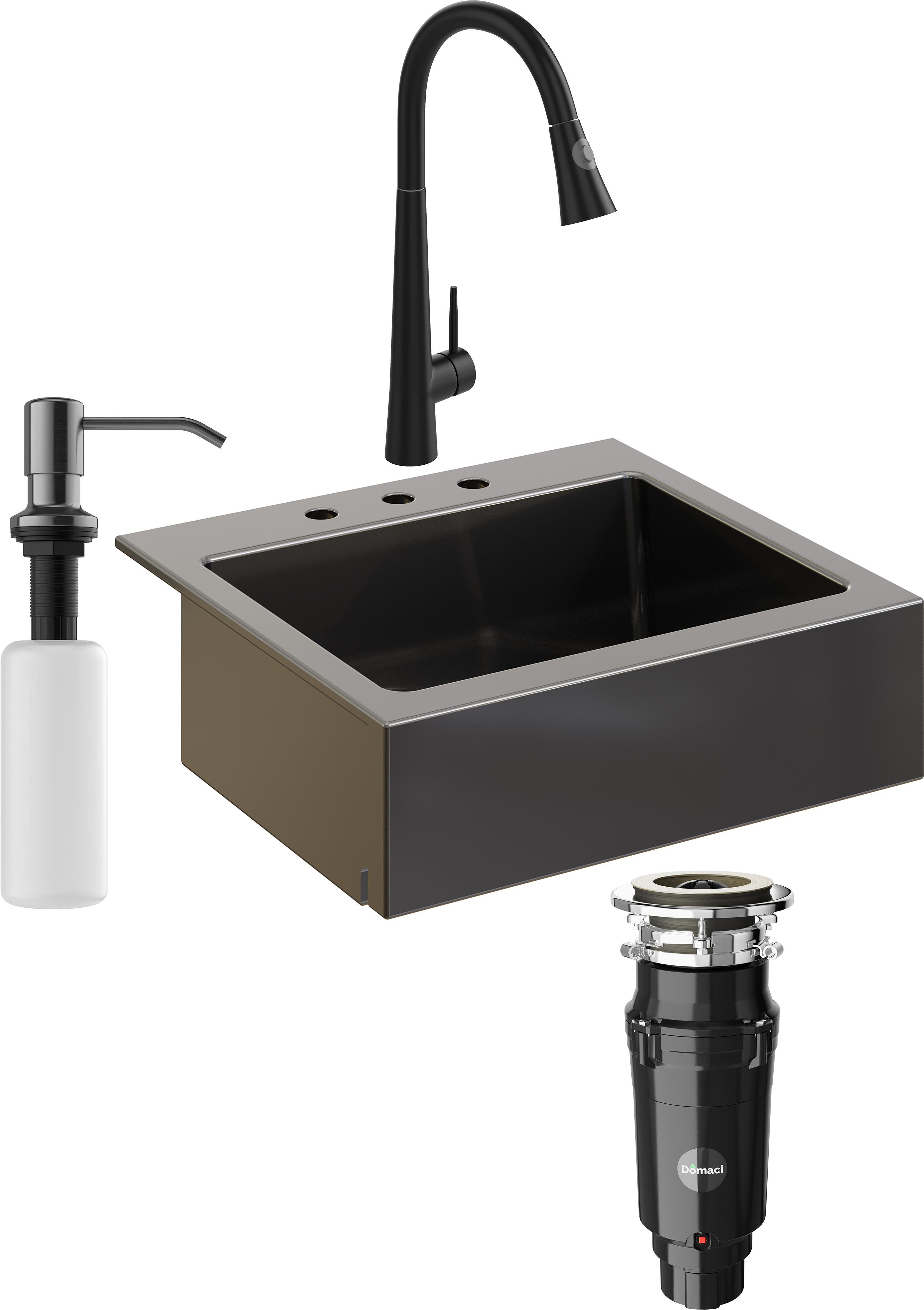 Комплект Мойка кухонная Domaci Сиена 50166-110 с 3 отверстиями, черная матовая + Измельчитель Равенна Vento Max 750 + Смеситель Ливорно WFD04098 черный + Дозатор 401 черный