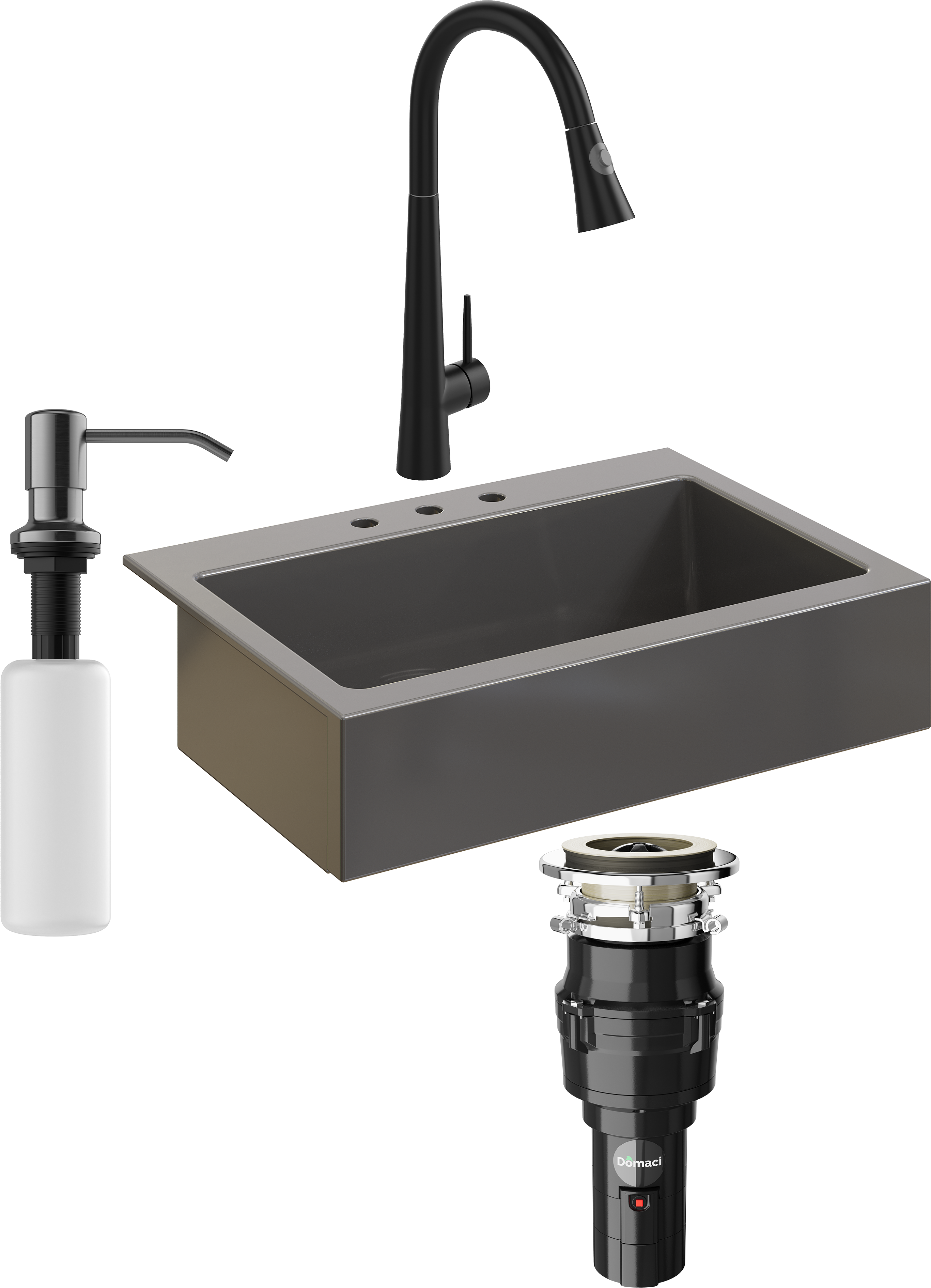 Комплект Мойка кухонная Domaci Сиена 50186-112 с 3 отверстиями, антрацит + Измельчитель Равенна Vento 375 + Смеситель Ливорно WFD04098 черный + Дозатор 401 черный
