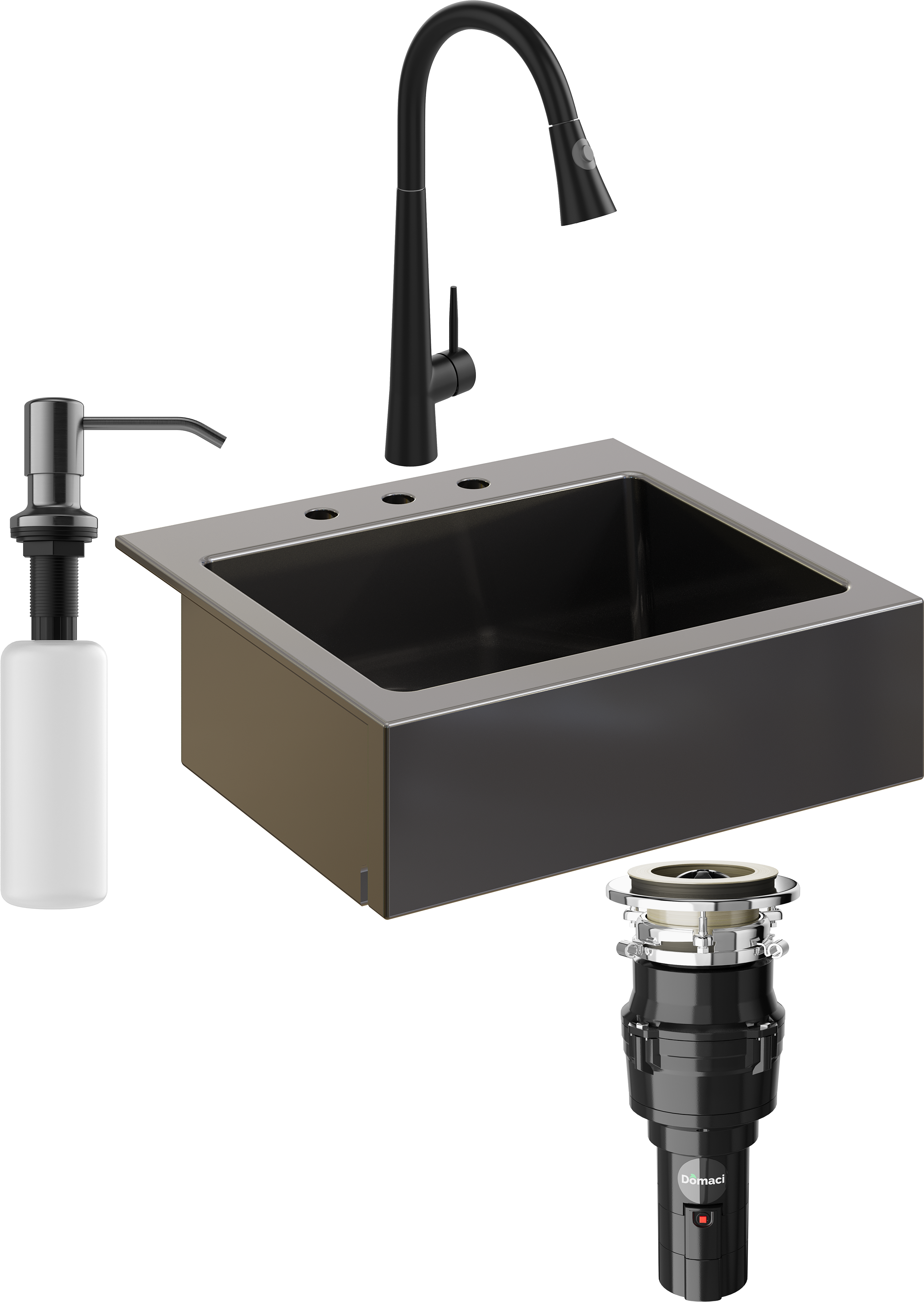 Комплект Мойка кухонная Domaci Сиена 50166-110 с 3 отверстиями, черная матовая + Измельчитель Равенна Vento 375 + Смеситель Ливорно WFD04098 черный + Дозатор 401 черный