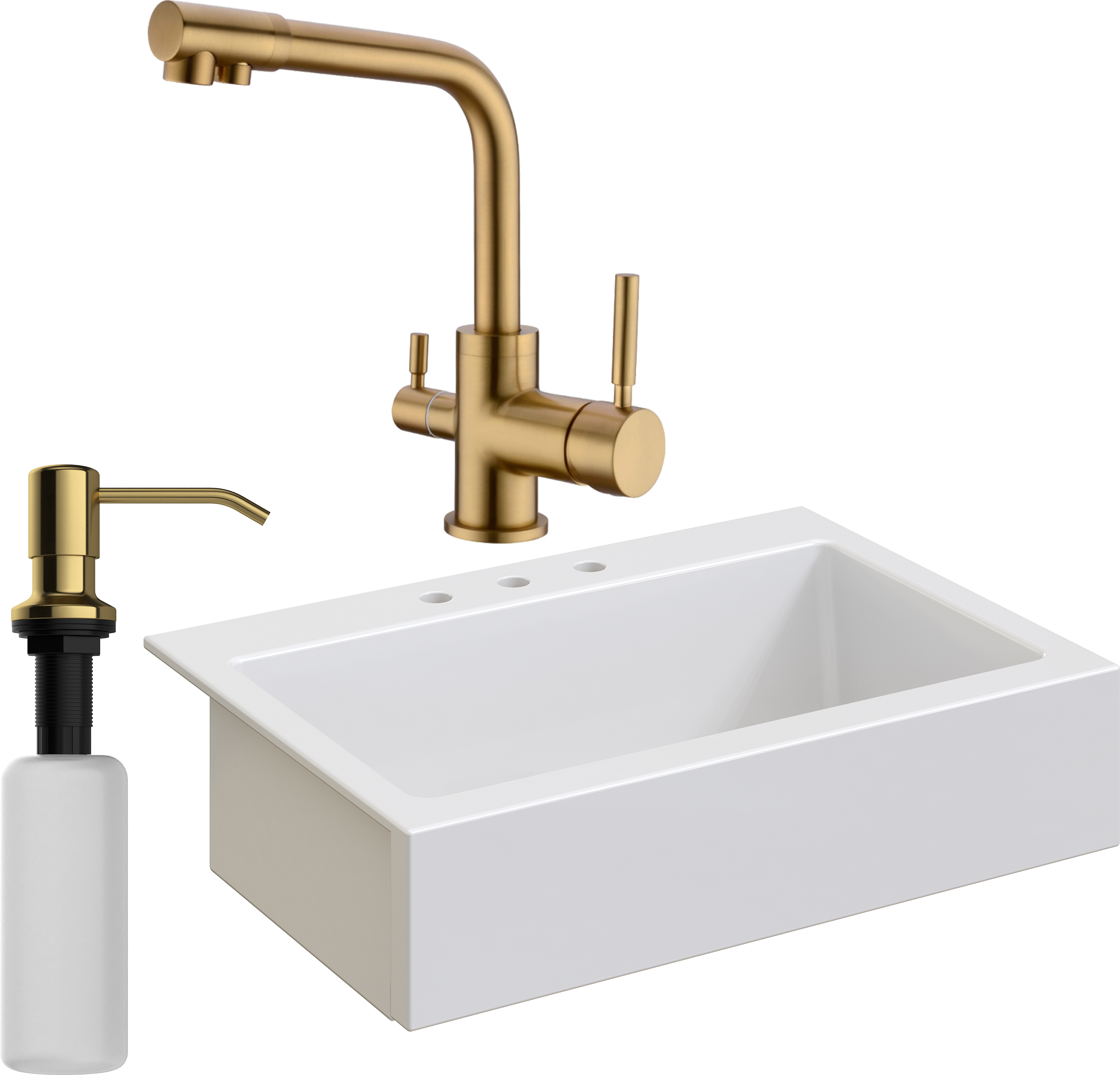 Комплект Мойка Domaci Сиена 50186-101 с 3 отверстиями, белый глянец + Смеситель Равенна DCB 3003 золото + Дозатор 401 золото