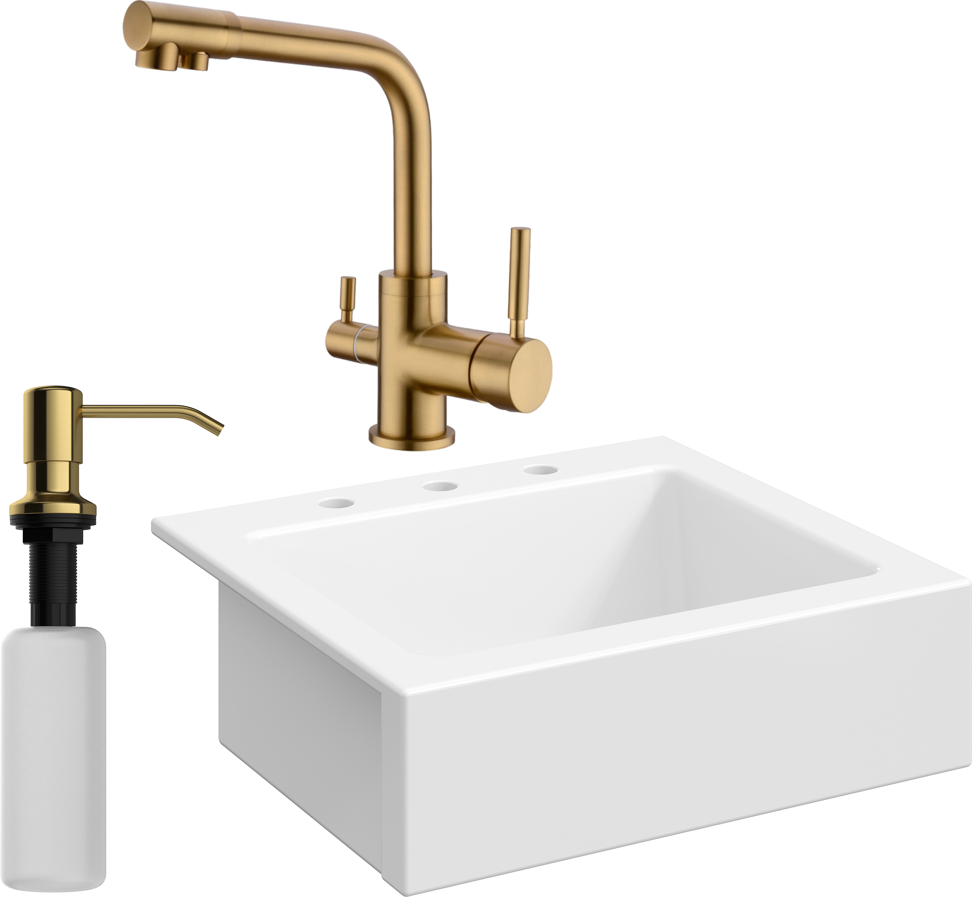 Комплект Мойка Domaci Сиена 50166-101 с 3 отверстиями, белый глянец + Смеситель Равенна DCB 3003 золото + Дозатор 401 золото