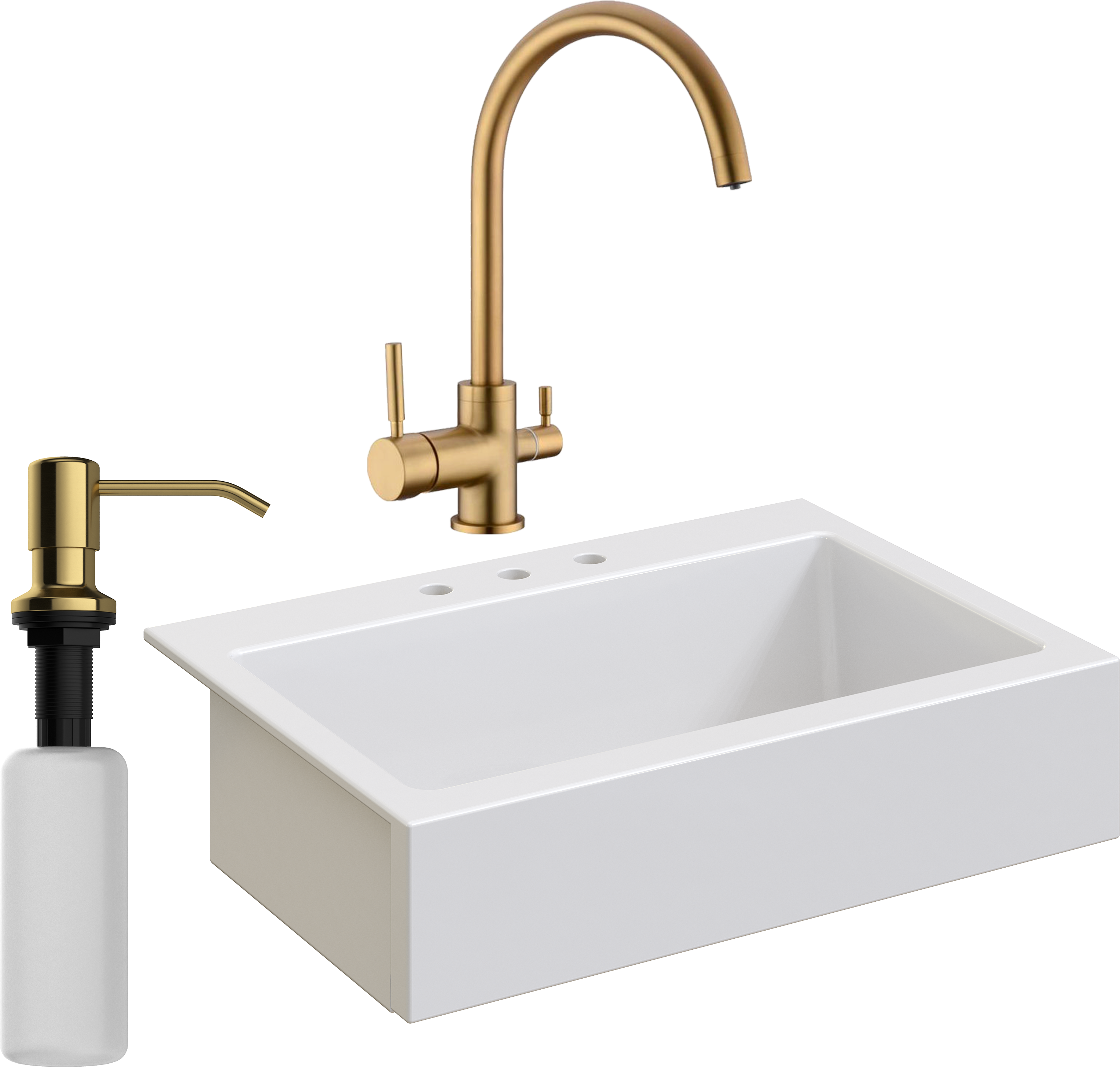 Комплект Мойка Domaci Сиена 50186-101 с 3 отверстиями, белый глянец + Смеситель Равенна DCB 3007 золото + Дозатор 401 золото