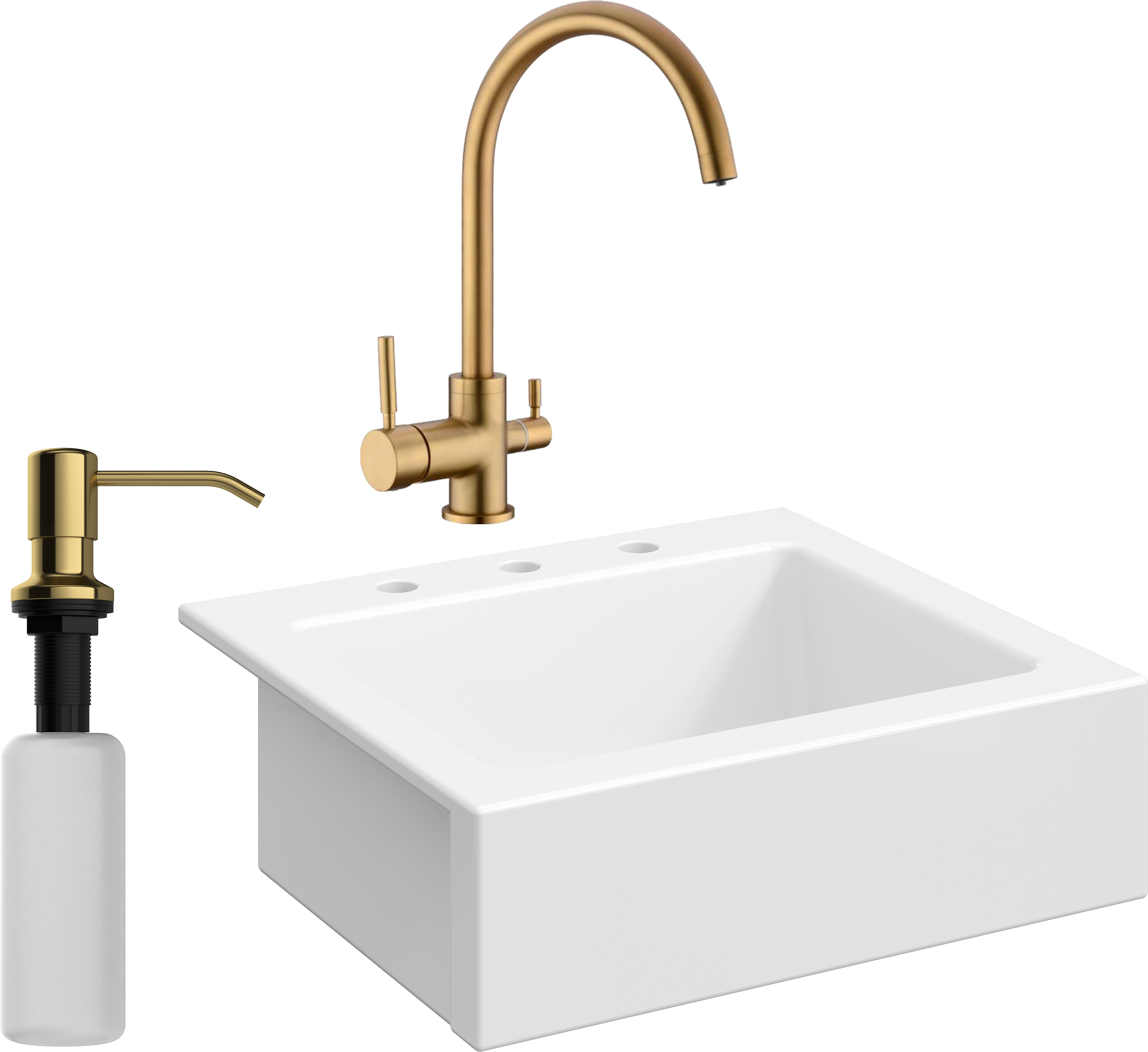 Комплект Мойка Domaci Сиена 50166-101 с 3 отверстиями, белый глянец + Смеситель Равенна DCB 3007 золото + Дозатор 401 золото