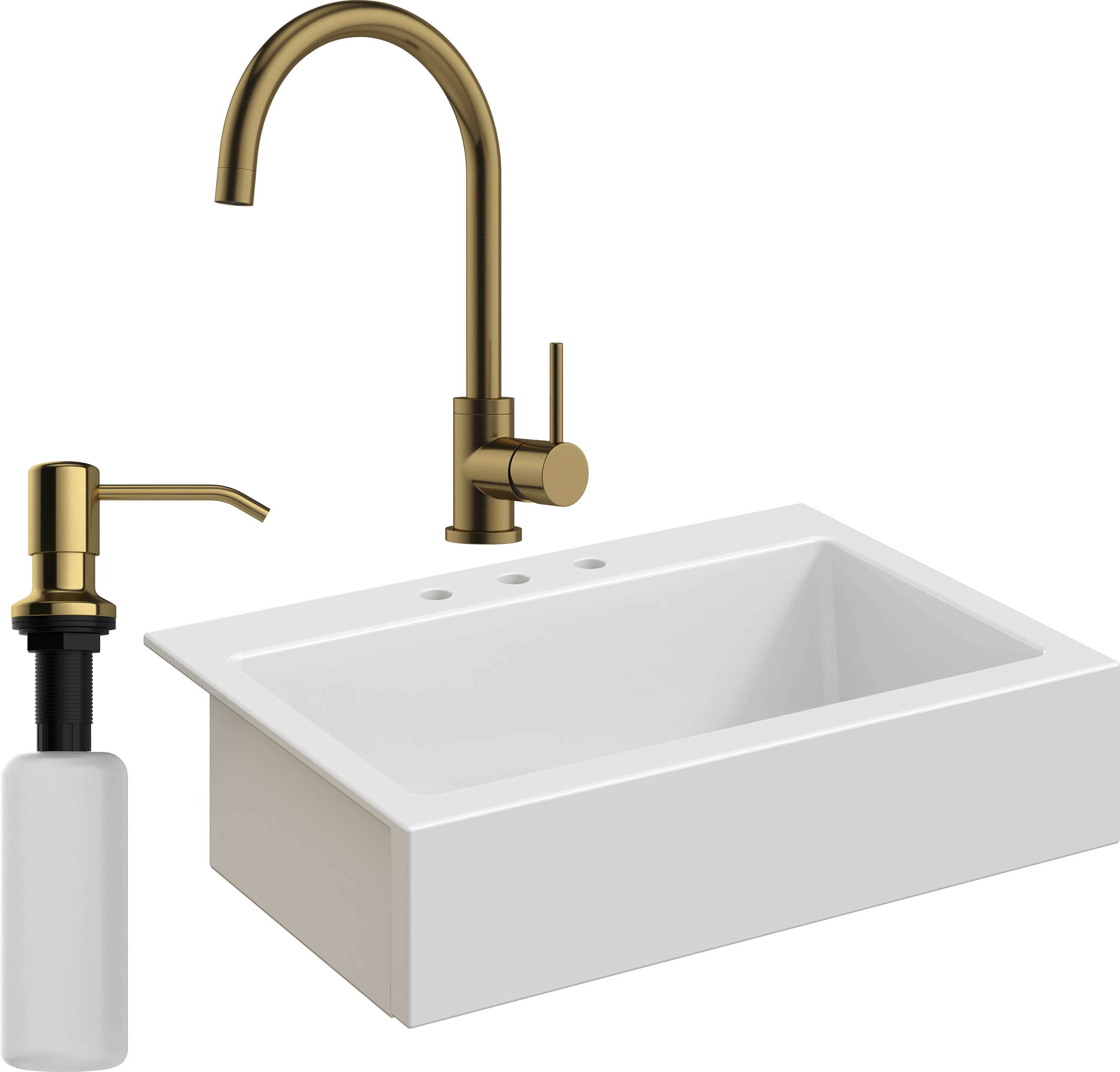 Комплект Мойка Domaci Сиена 50186-101 с 3 отверстиями, белый глянец + Смеситель Равенна DCB 3004 золото + Дозатор 401 золото