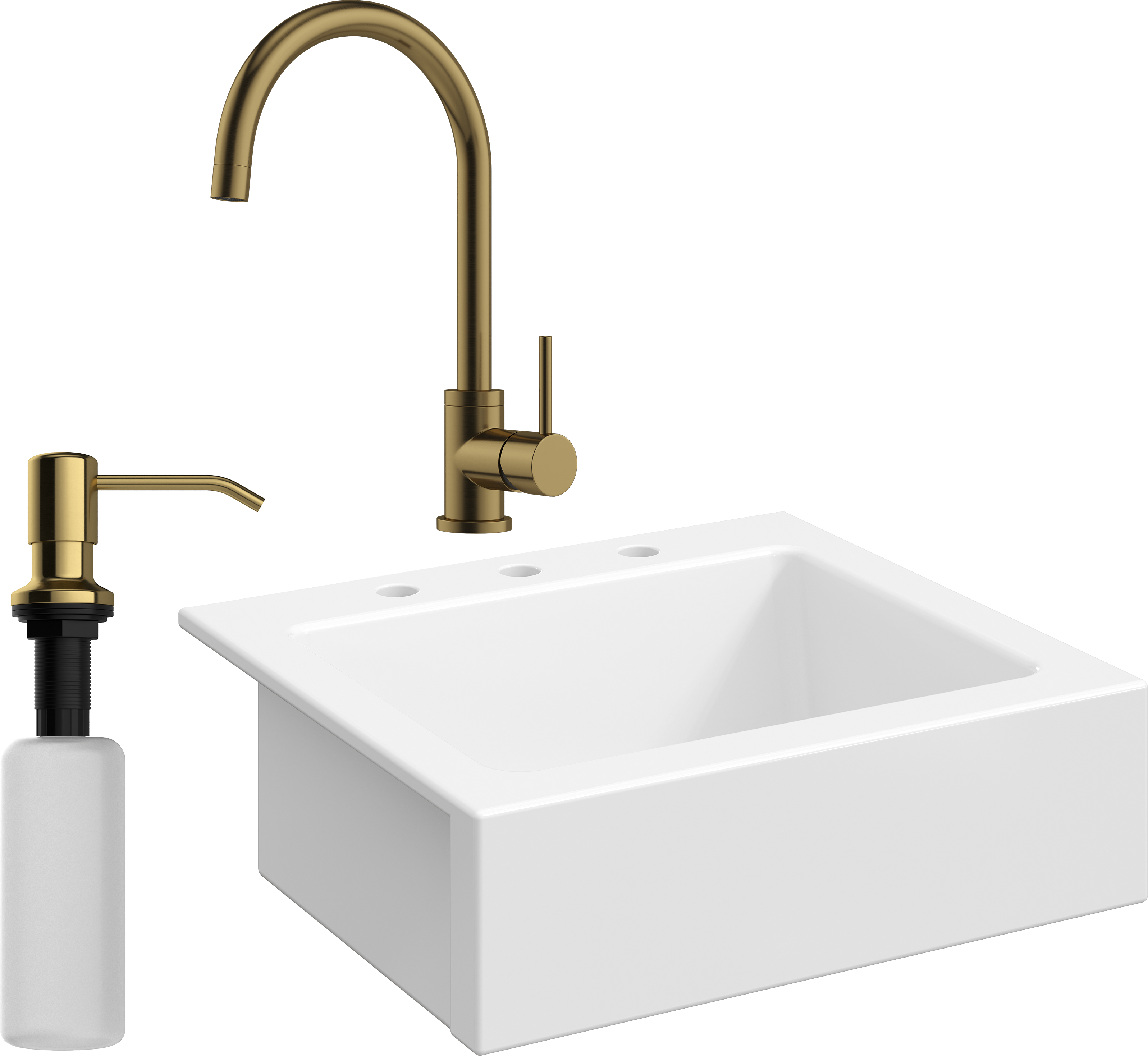 Комплект Мойка Domaci Сиена 50166-101 с 3 отверстиями, белый глянец + Смеситель Равенна DCB 3004 золото + Дозатор 401 золото