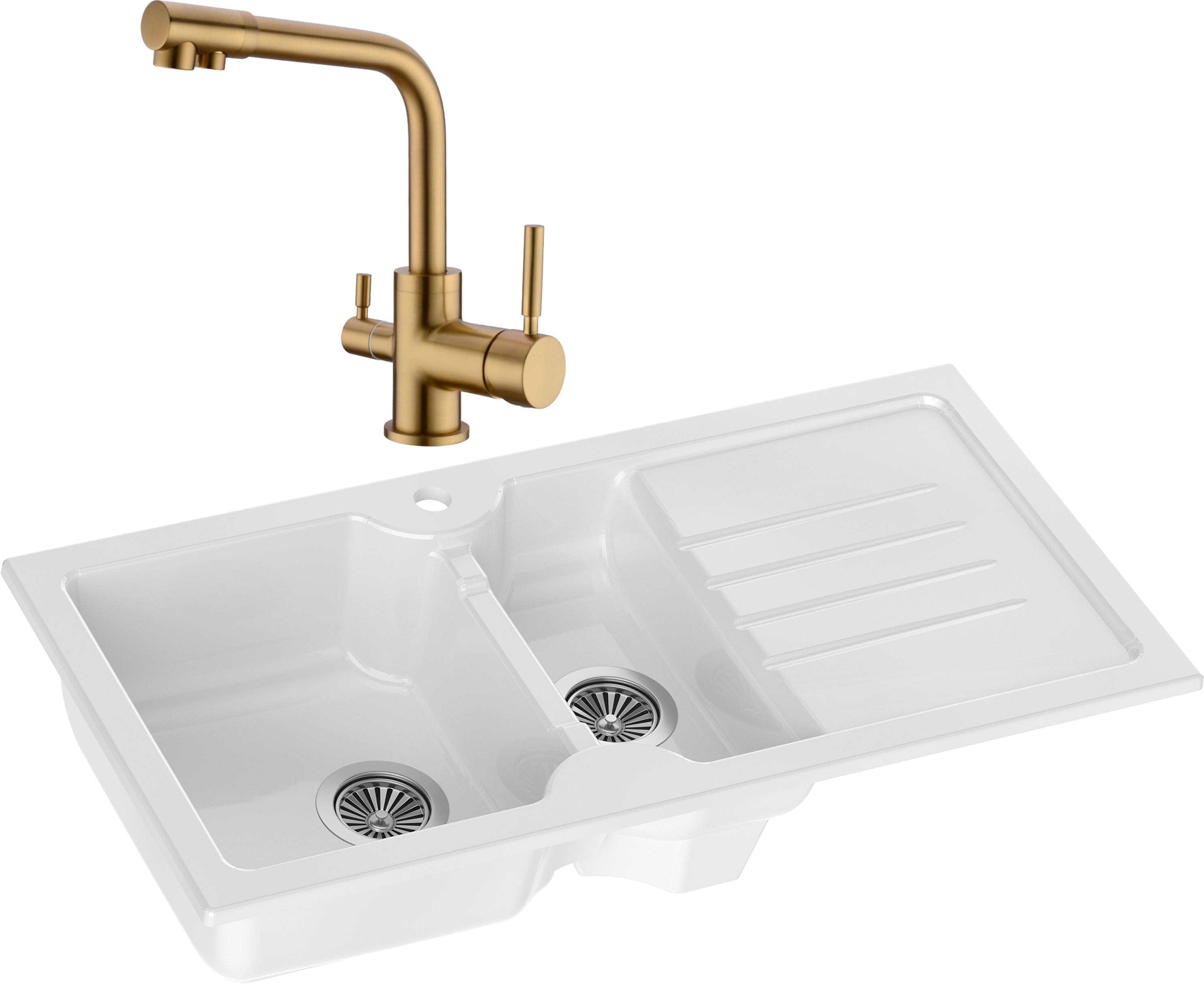 Комплект Мойка Domaci Сиена 54100-101 белый глянец + Смеситель Равенна DCB 3003 золото