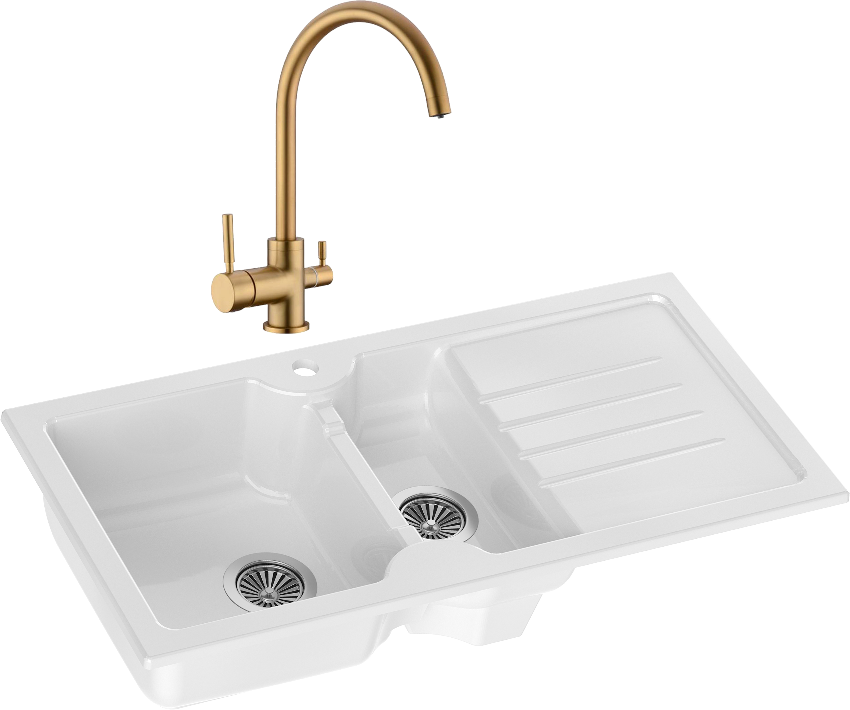 Комплект Мойка Domaci Сиена 54100-101 белый глянец + Смеситель Равенна DCB 3007 золото