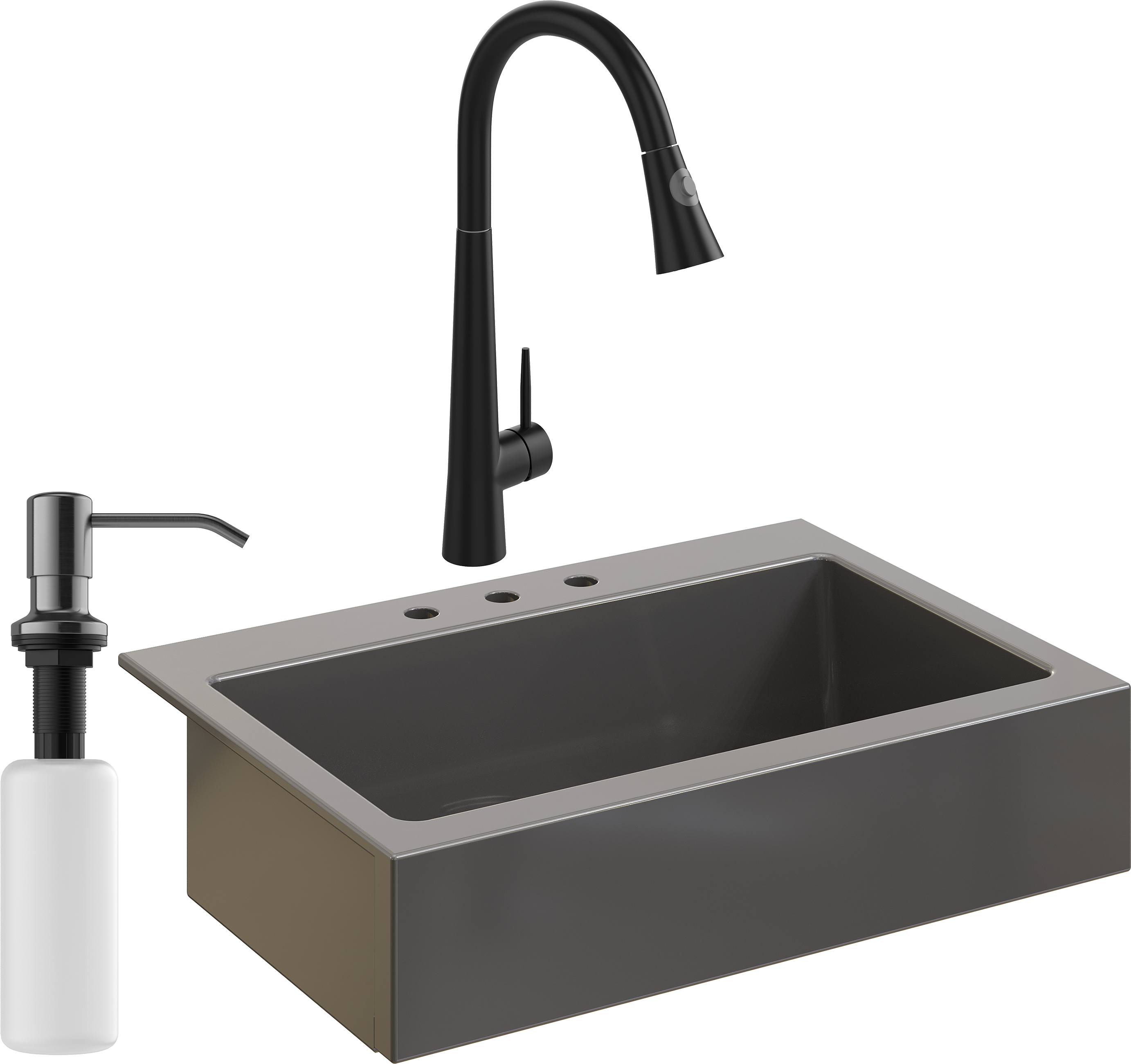 Комплект Мойка кухонная Domaci Сиена 50186-112 с 3 отверстиями, антрацит + Смеситель Ливорно WFD04098 черный + Дозатор Равенна 401 черный