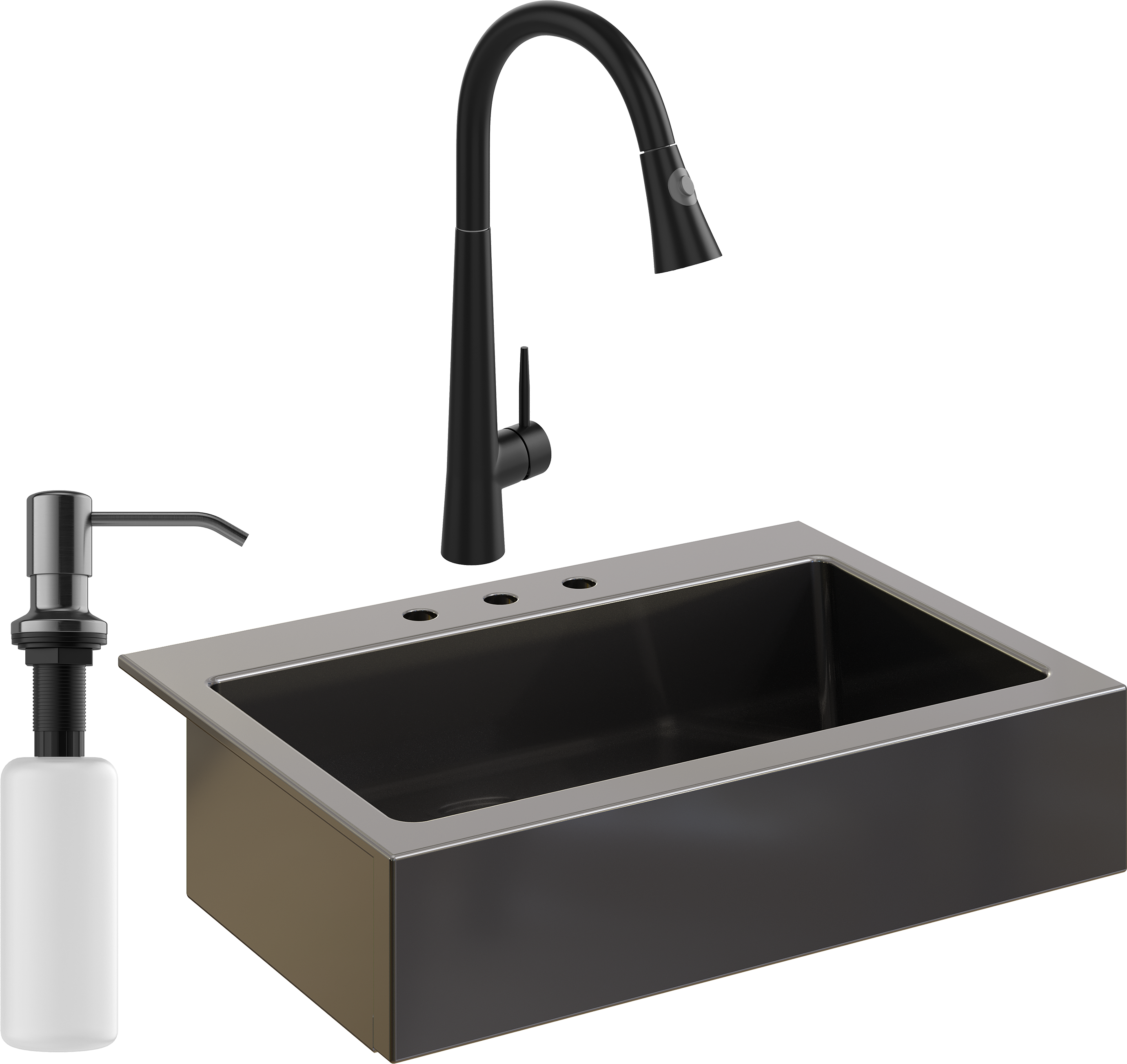 Комплект Мойка кухонная Domaci Сиена 50186-110 с 3 отверстиями, черная матовая + Смеситель Ливорно WFD04098 черный + Дозатор Равенна 401 черный
