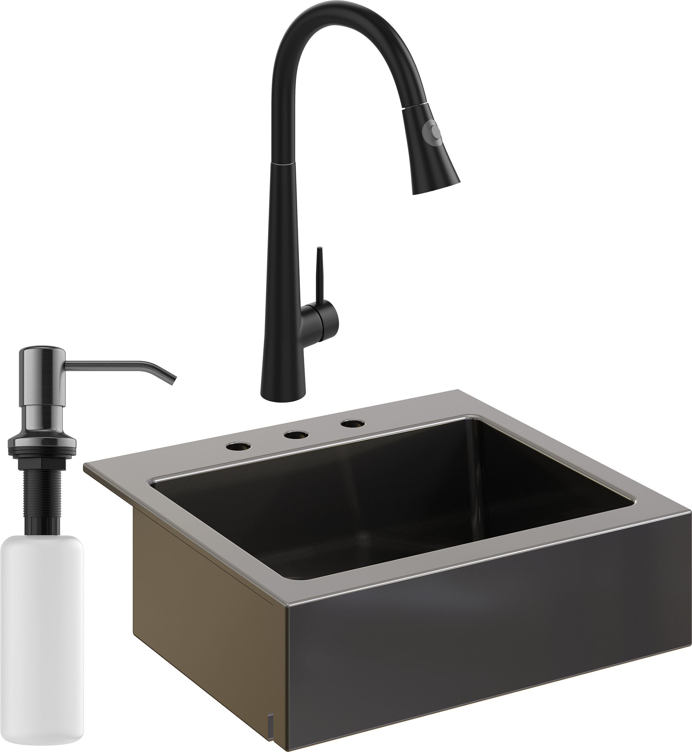 Комплект Мойка кухонная Domaci Сиена 50166-110 с 3 отверстиями, черная матовая + Смеситель Ливорно WFD04098 черный + Дозатор Равенна 401 черный