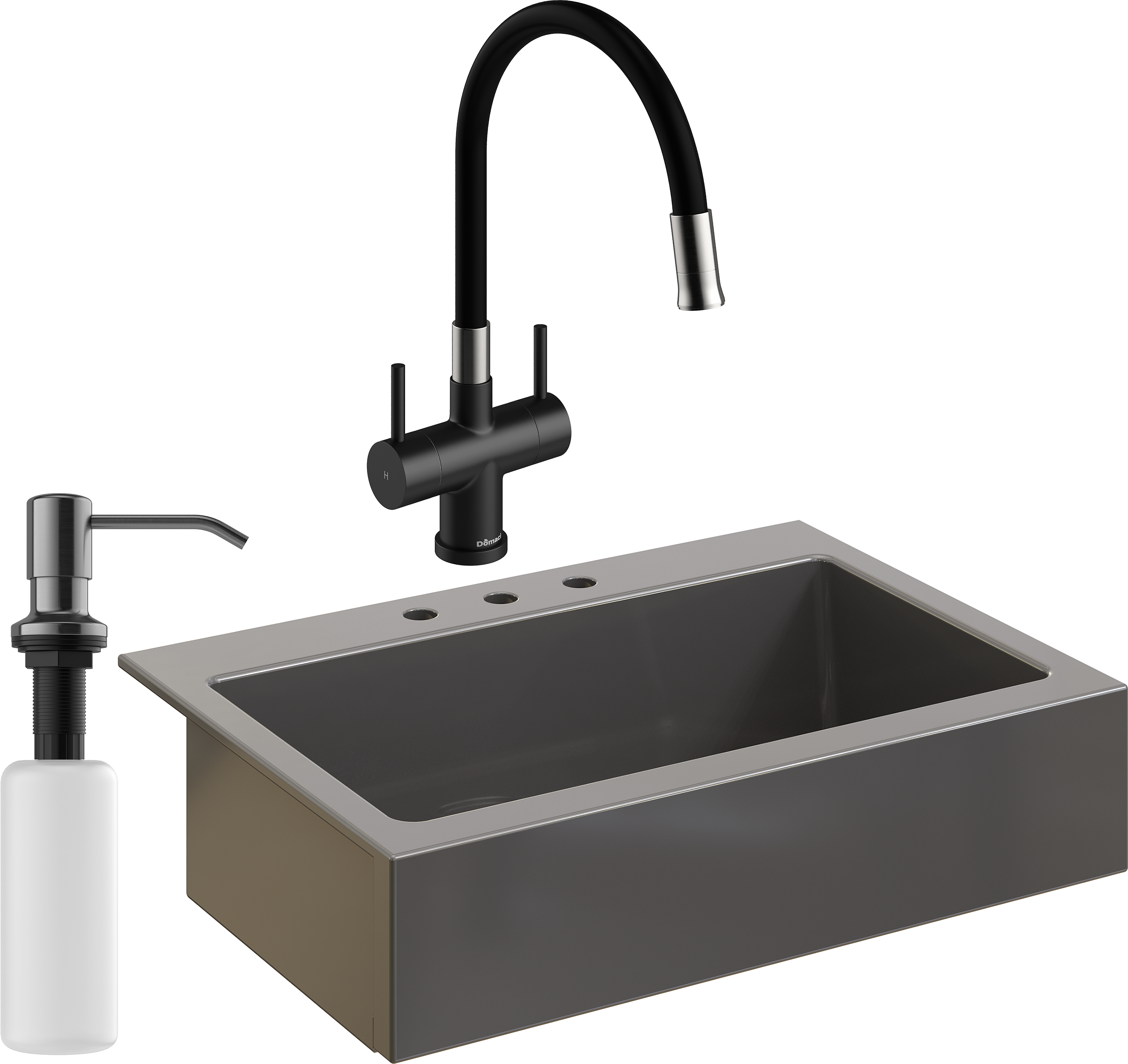 Комплект Мойка кухонная Domaci Сиена 50186-112 с 3 отверстиями, антрацит + Смеситель Ливорно WFD04023 черный + Дозатор Равенна 401 черный