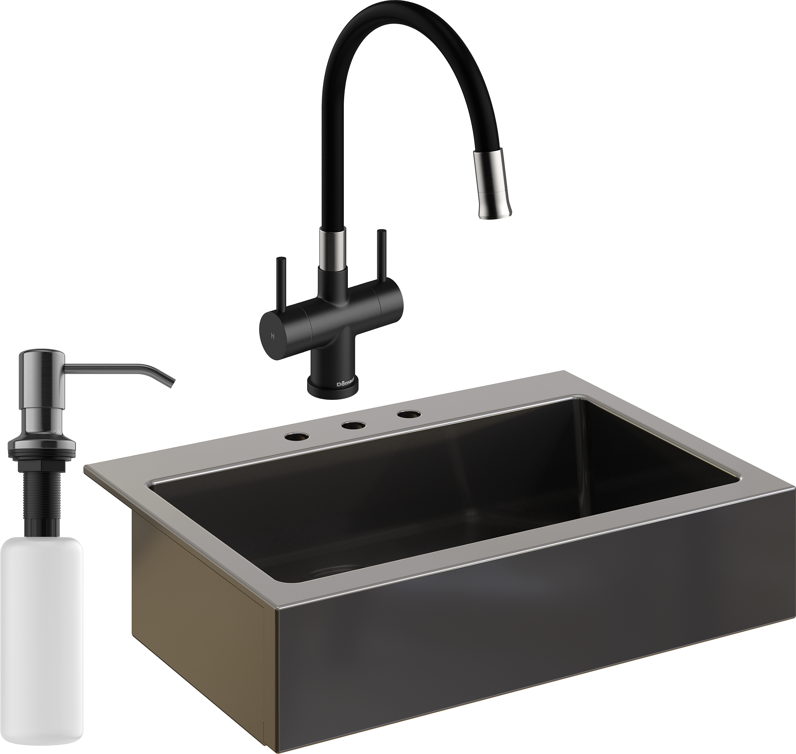 Комплект Мойка кухонная Domaci Сиена 50186-110 с 3 отверстиями, черная матовая + Смеситель Ливорно WFD04023 черный + Дозатор Равенна 401 черный