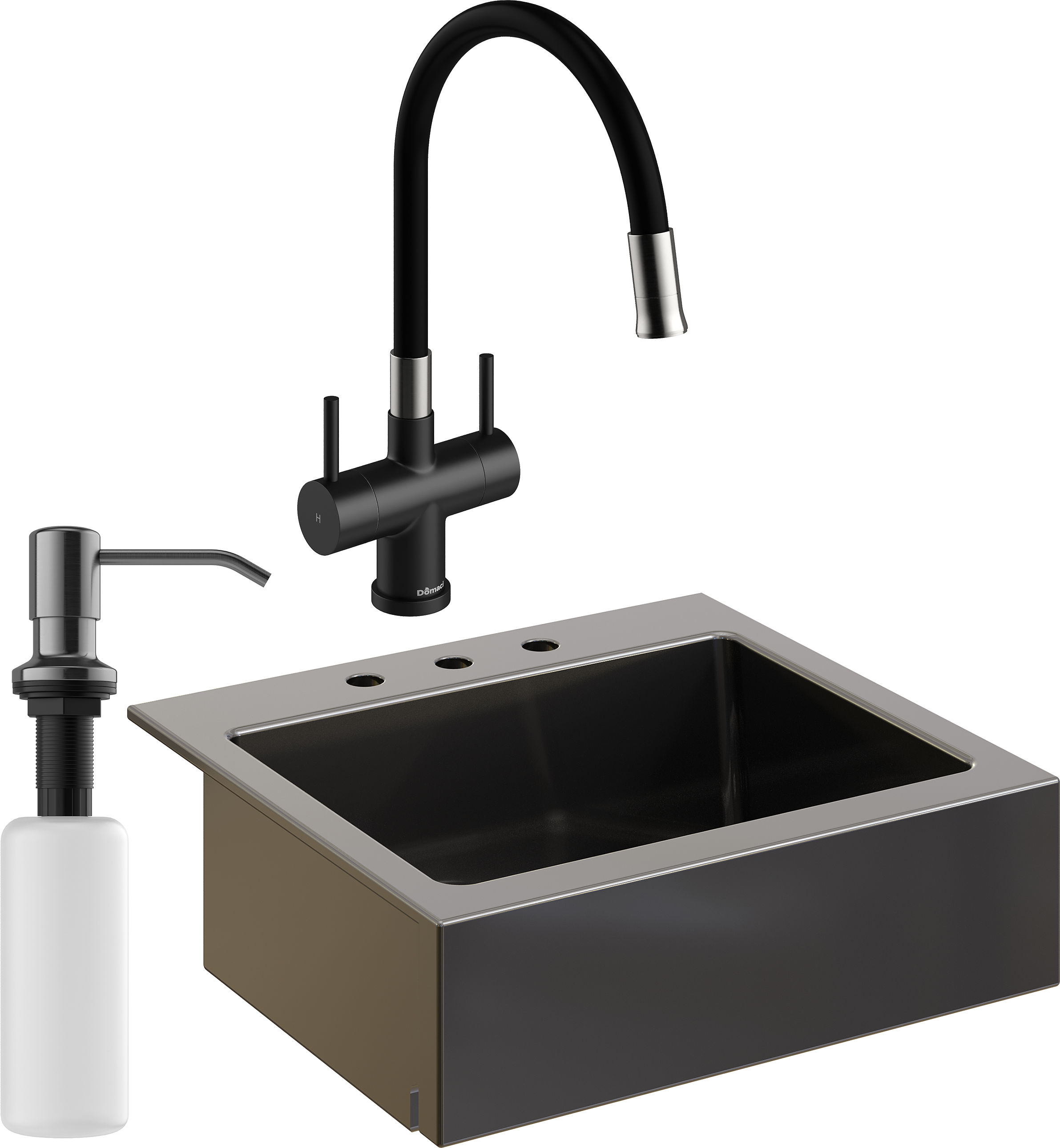 Комплект Мойка кухонная Domaci Сиена 50166-110 с 3 отверстиями, черная матовая + Смеситель Ливорно WFD04023 черный + Дозатор Равенна 401 черный