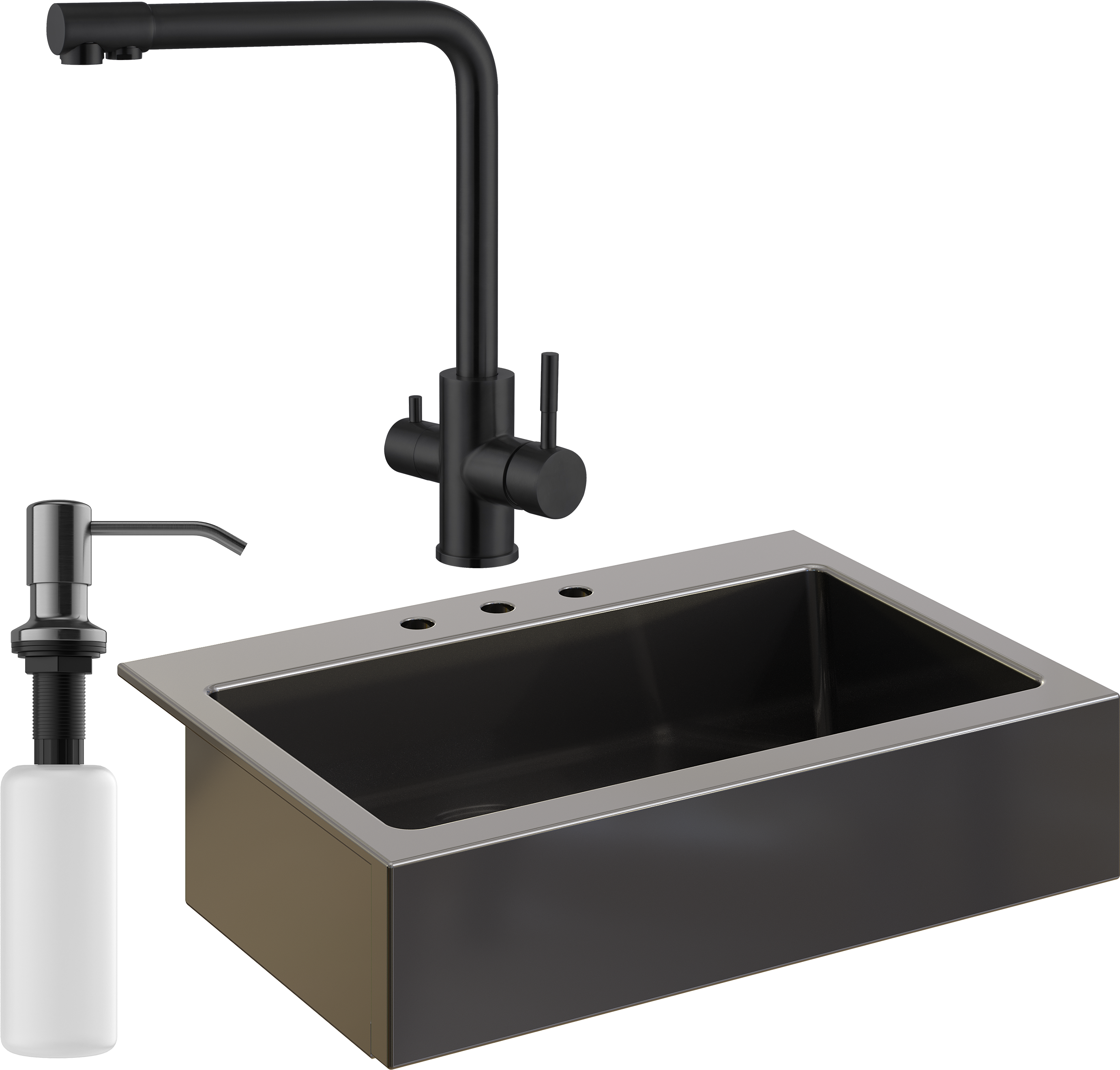 Комплект Мойка кухонная Domaci Сиена 50186-110 с 3 отверстиями, черная матовая + Смеситель Ливорно WFD04018B черный + Дозатор Равенна 401 черный