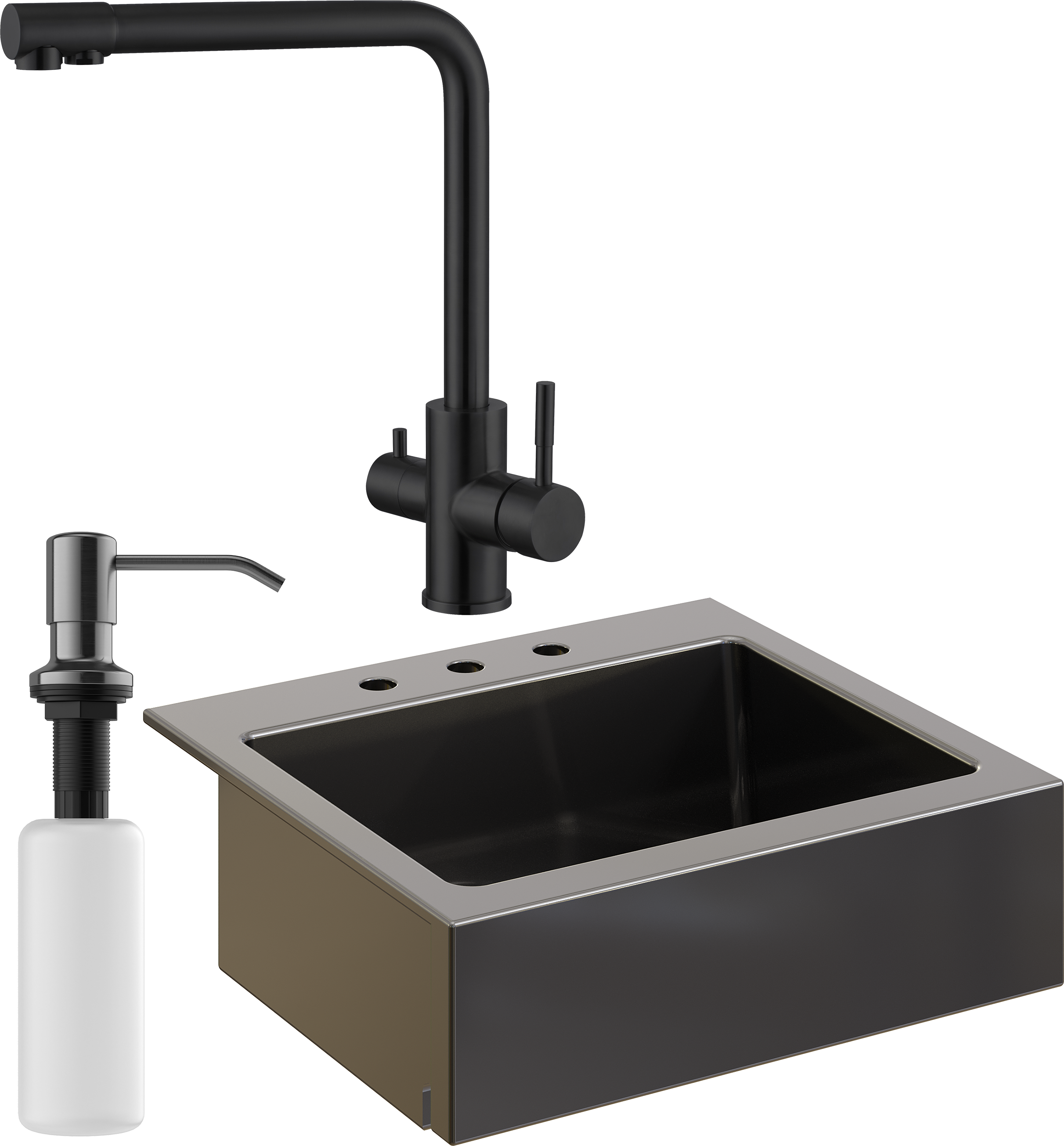 Комплект Мойка кухонная Domaci Сиена 50166-110 с 3 отверстиями, черная матовая + Смеситель Ливорно WFD04018B черный + Дозатор Равенна 401 черный