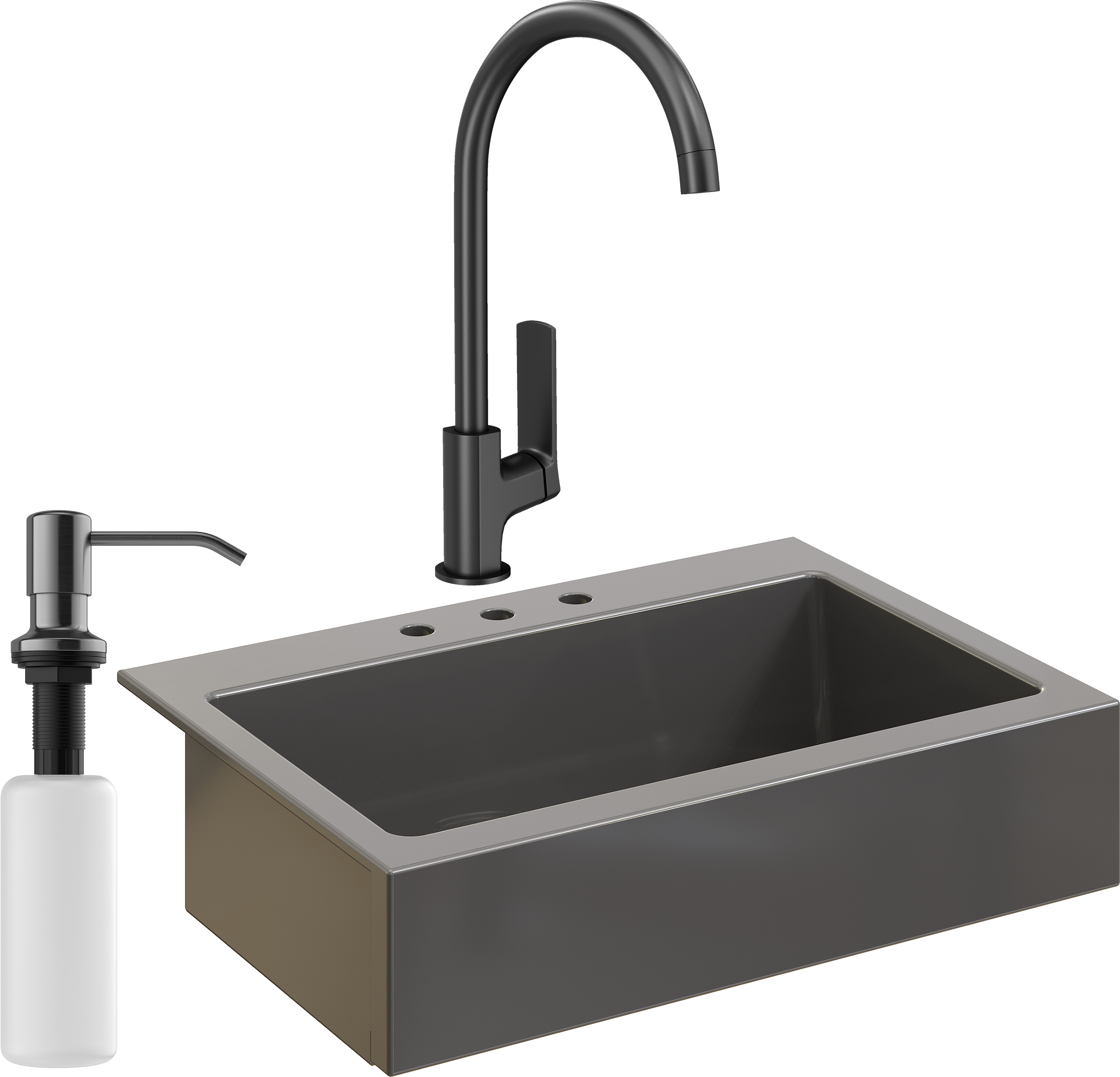 Комплект Мойка Domaci Сиена 50186-112 с 3 отверстиями, антрацит + Смеситель STWORKI HWX5015-P01BK + Дозатор Равенна 401 черный