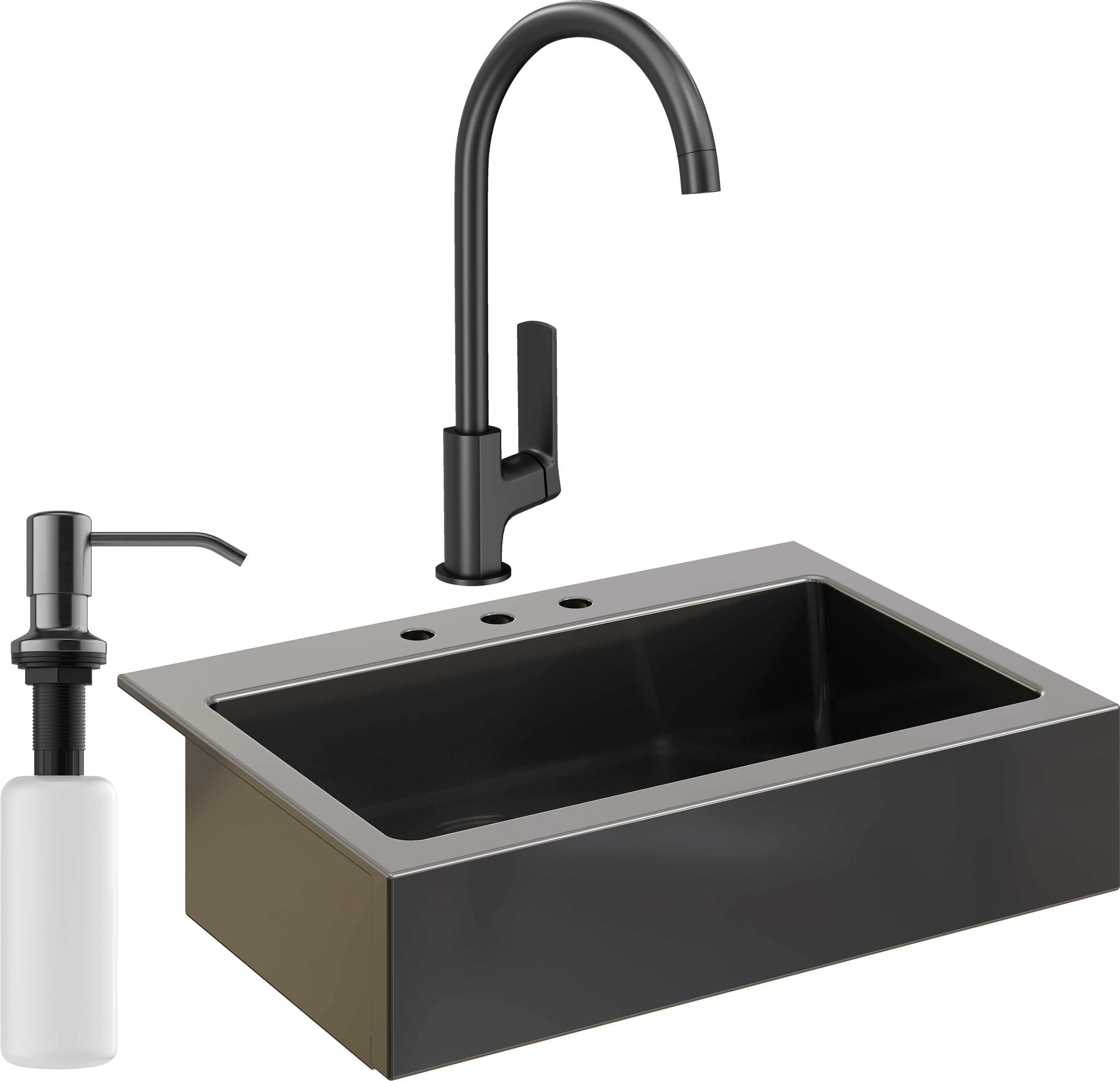 Комплект Мойка Domaci Сиена 50186-110 с 3 отверстиями, черная матовая + Смеситель STWORKI HWX5015-P01BK + Дозатор Равенна 401 черный