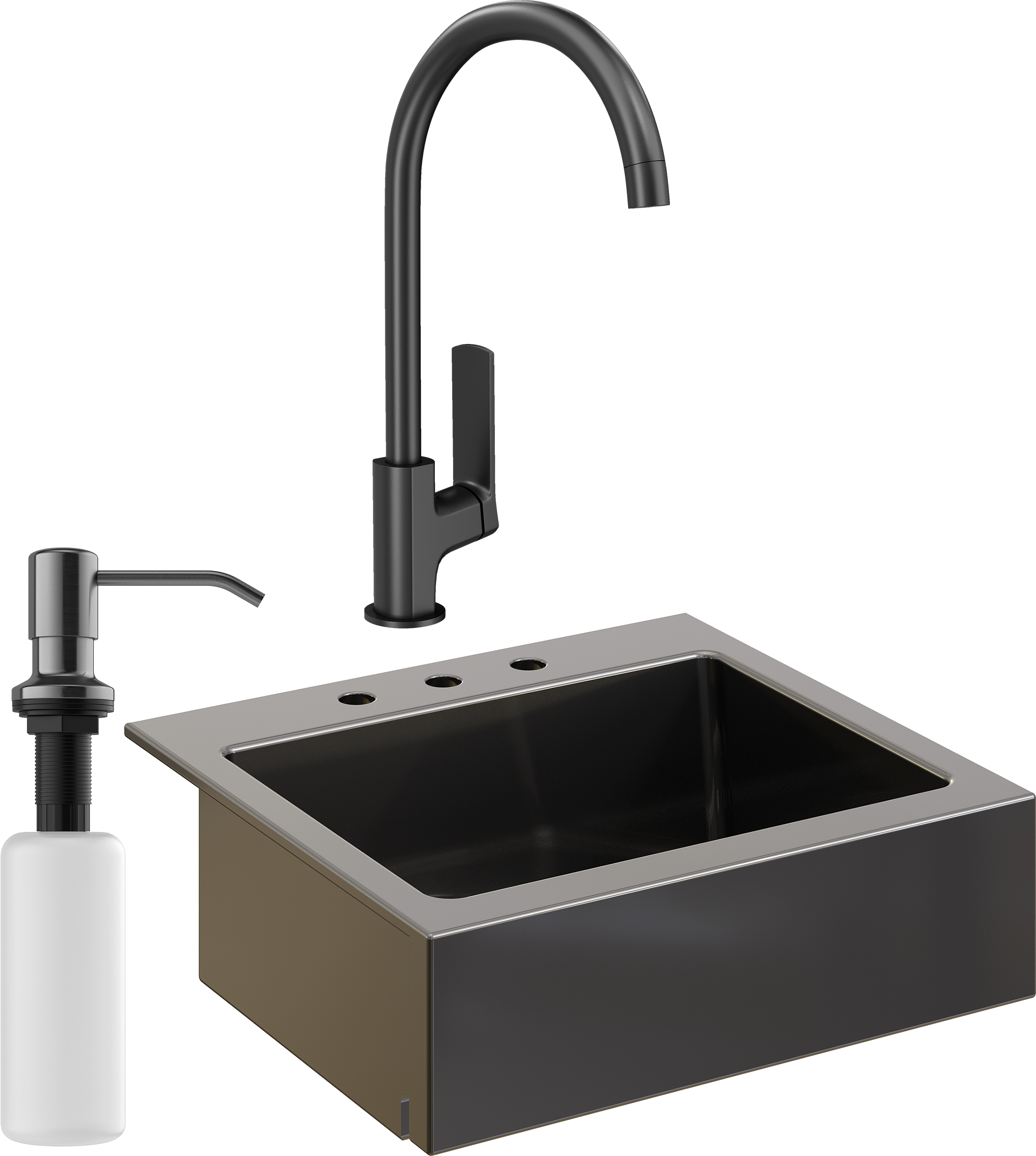 Комплект Мойка Domaci Сиена 50166-110 с 3 отверстиями, черная матовая + Смеситель STWORKI HWX5015-P01BK + Дозатор Равенна 401 черный