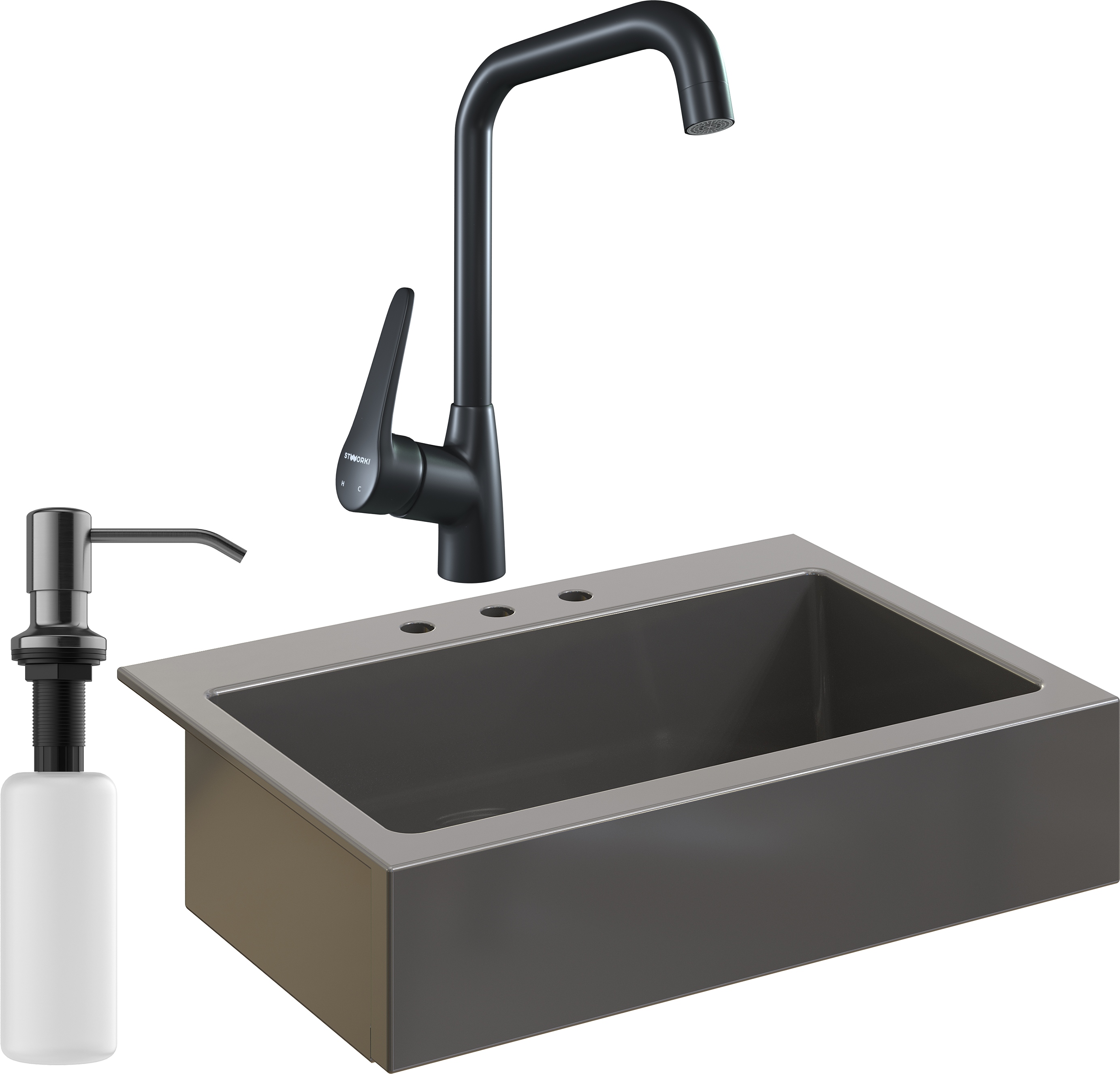 Комплект Мойка кухонная Domaci Сиена 50186-112 с 3 отверстиями, антрацит + Смеситель STWORKI WFD04007GA черный матовый + Дозатор Равенна 401 черный