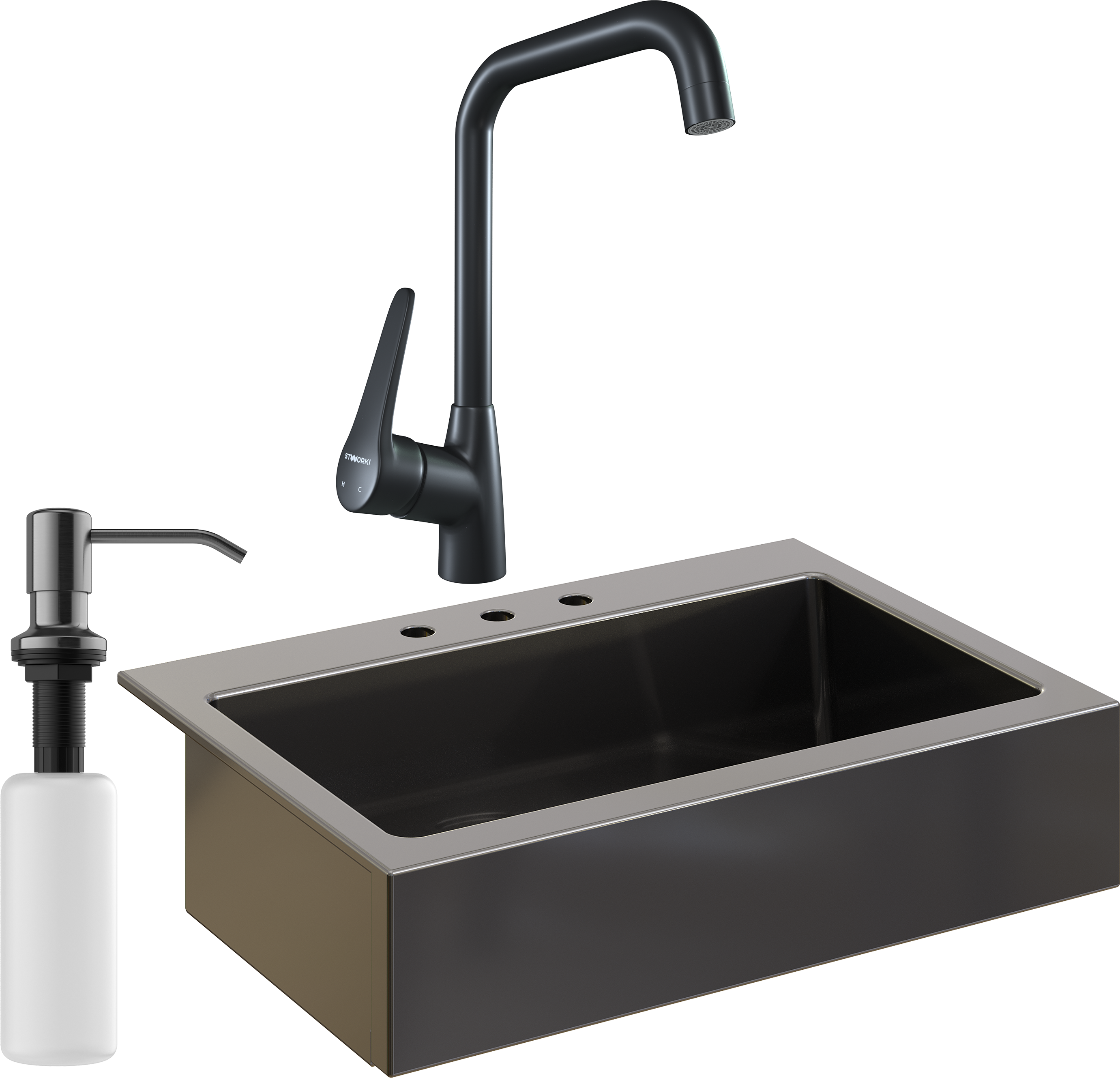 Комплект Мойка кухонная Domaci Сиена 50186-110 с 3 отверстиями, черная матовая + Смеситель STWORKI WFD04007GA черный матовый + Дозатор Равенна 401 черный