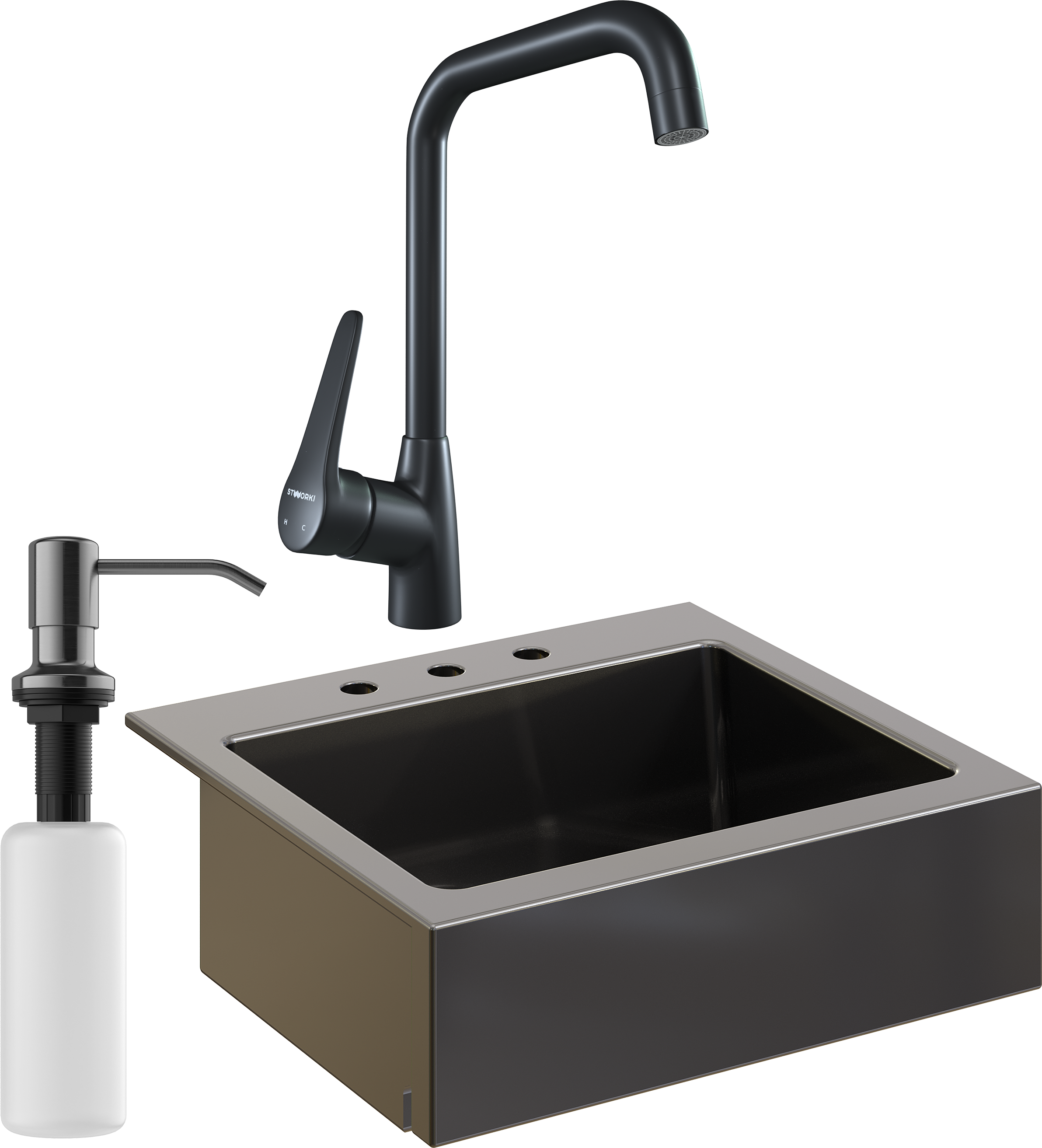 Комплект Мойка кухонная Domaci Сиена 50166-110 с 3 отверстиями, черная матовая + Смеситель STWORKI WFD04007GA черный матовый + Дозатор Равенна 401 черный