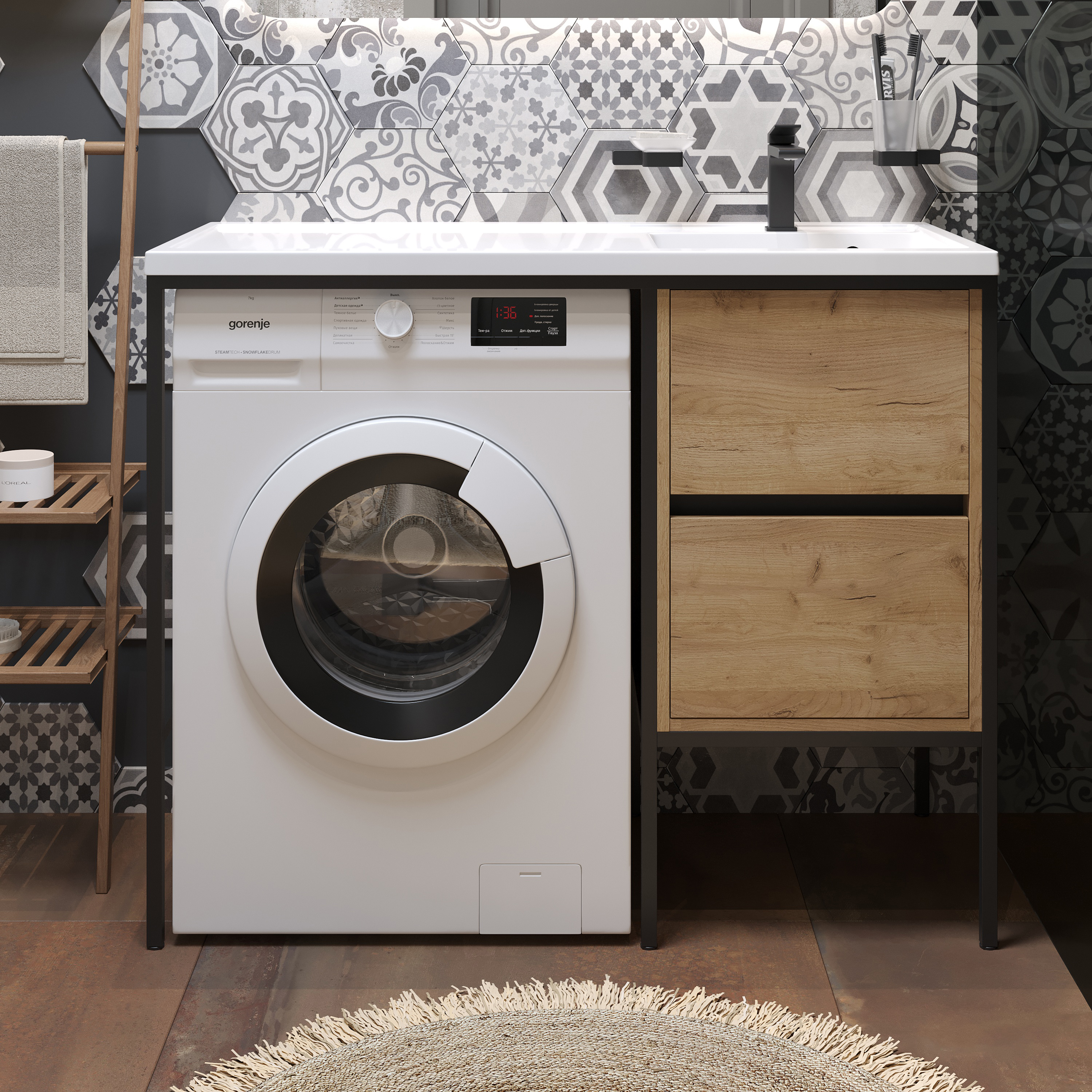 Раковина над стиральной машиной STWORKI Флом 110 L глянцевая белая, прямоугольная, литьевой мрамор, со столешницей справа, с кронштейном