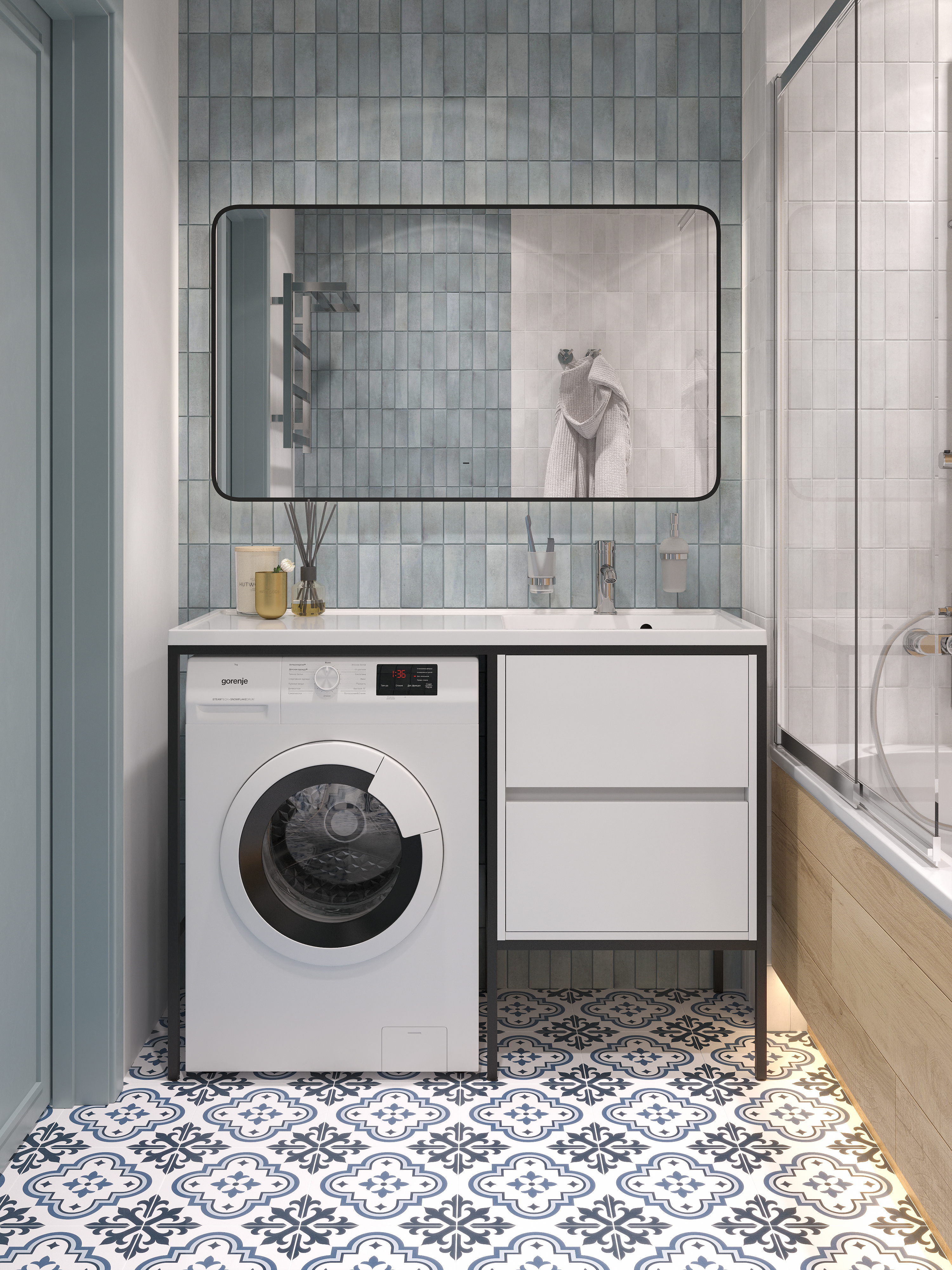 Раковина над стиральной машиной STWORKI Флом 120 L глянцевая белая, прямоугольная, литьевой мрамор, со столешницей справа, с кронштейном